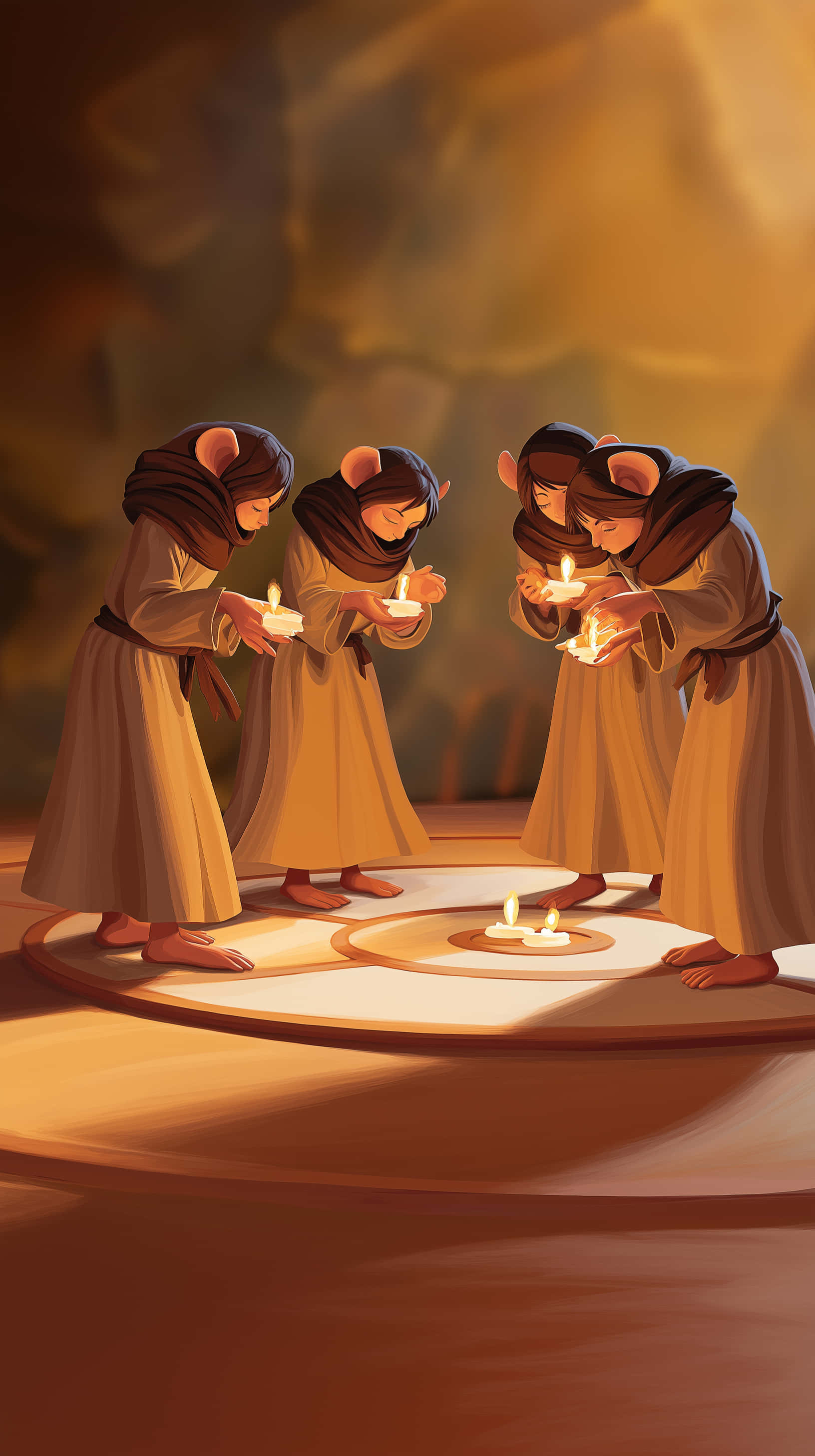 mouse ears, robed figures, lit candles, 2K Phone Wallpaper