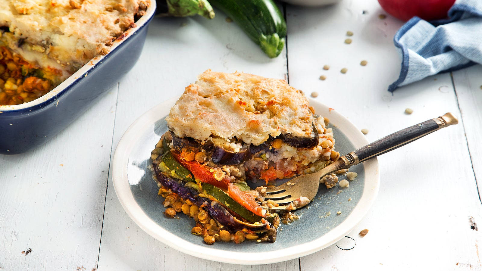 Moussaka, golden crust, white wooden table, HD Desktop Wallpaper