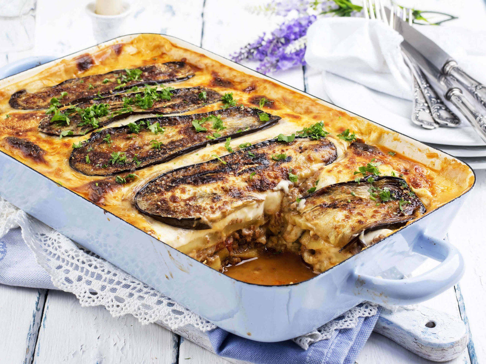 moussaka, golden-brown baked eggplant lasagna, melted cheese, HD Desktop Wallpaper