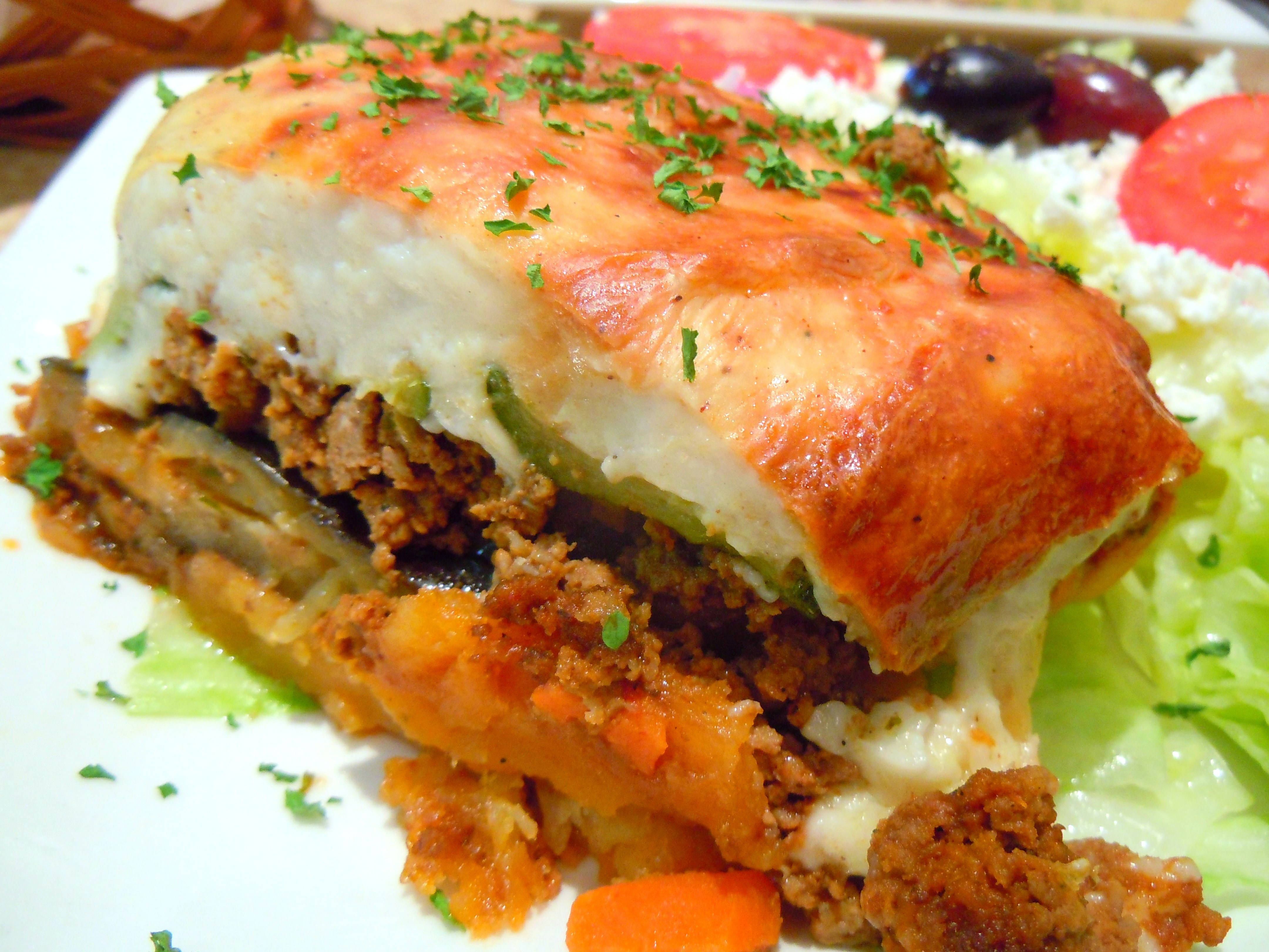 moussaka, golden-brown, melted cheese, 4K Desktop Wallpaper
