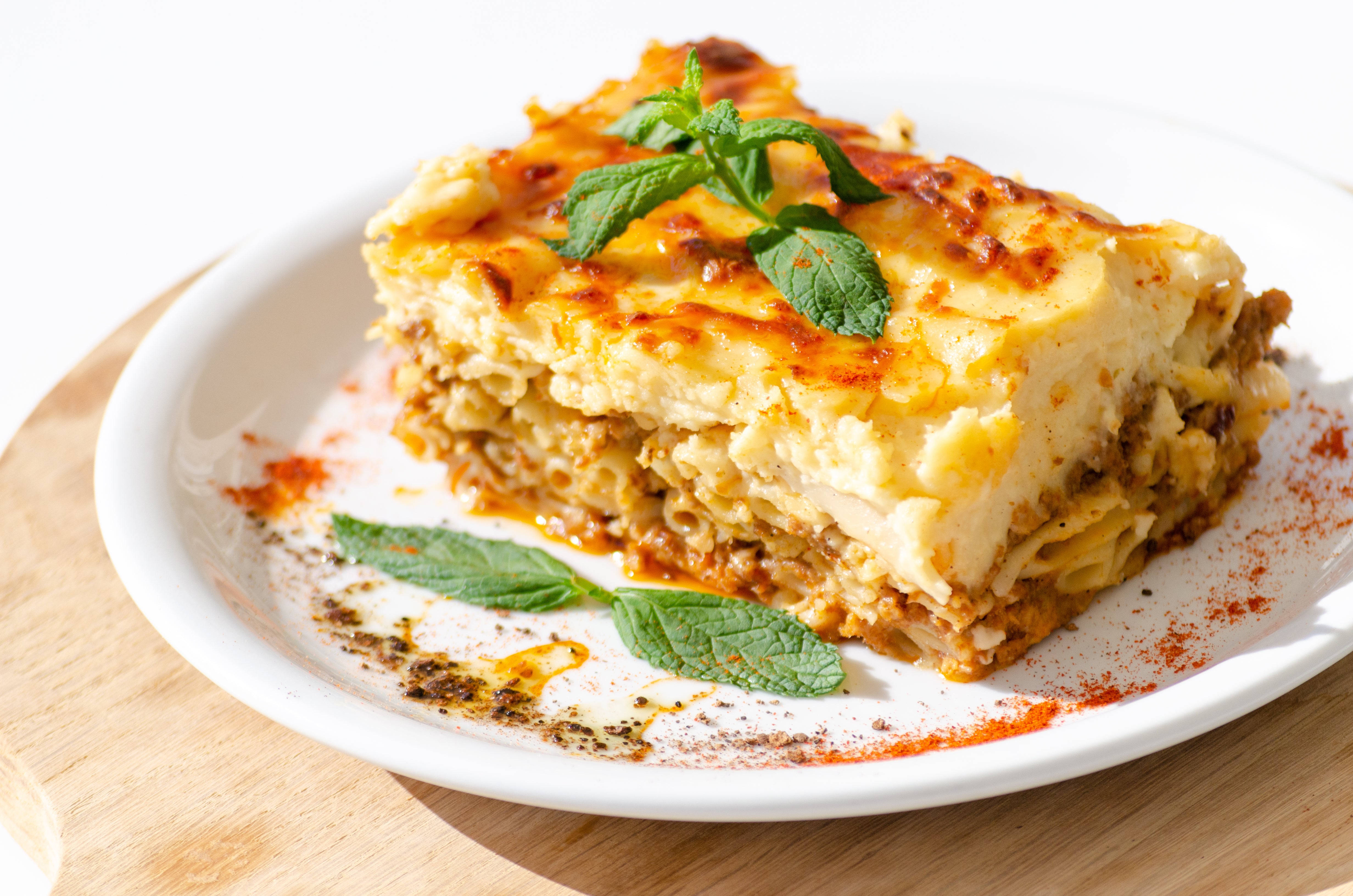 moussaka, golden-brown, layered Greek lasagna, 4K Desktop Wallpaper