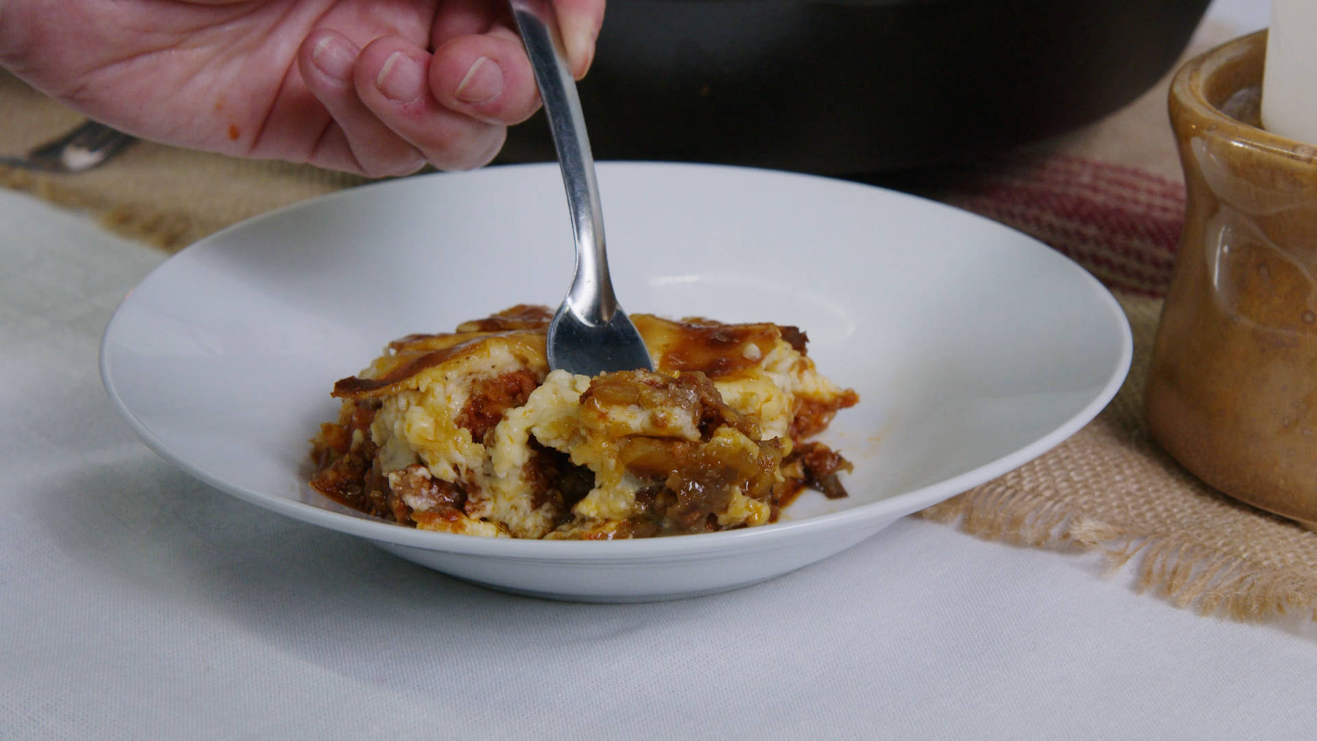 moussaka, white plate, textured tablecloth, Full HD Desktop Wallpaper