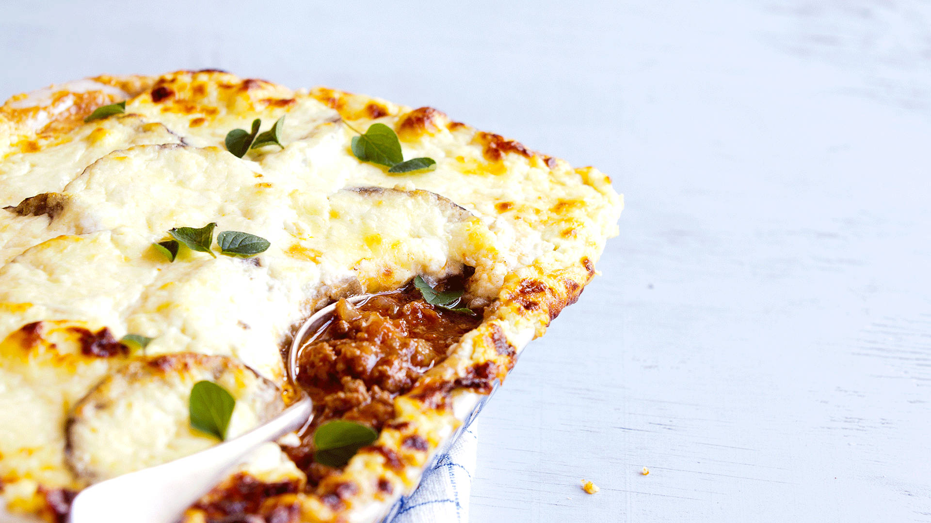 softly baked moussaka, golden-brown, melted cheese, Full HD Desktop Wallpaper