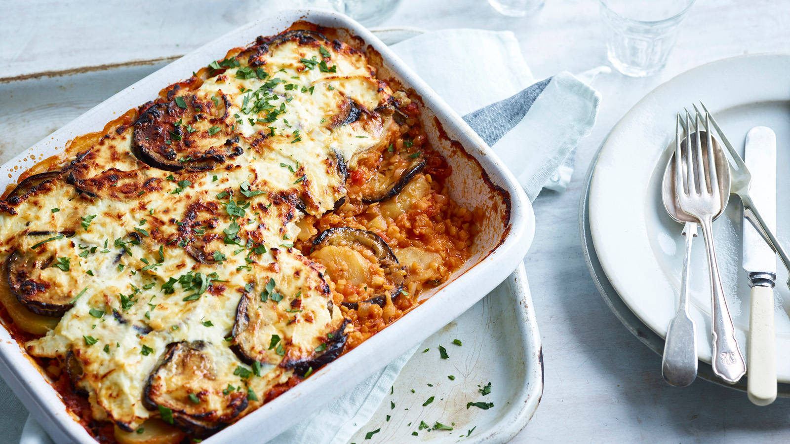 moussaka, golden-brown baked eggplant lasagna, melted cheese, HD Desktop Wallpaper