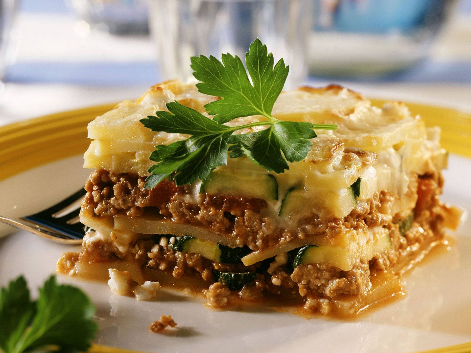 parsley leaf, cakey moussaka, yellow-rimmed plate, HD Desktop Wallpaper