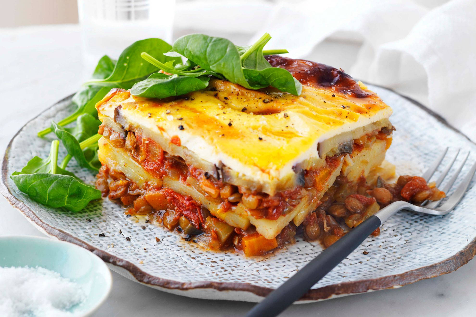 portioned moussaka, veggies, meat, Full HD Desktop Wallpaper