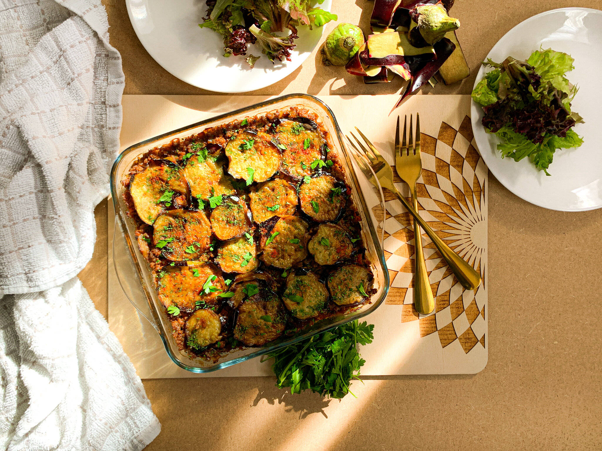 moussaka, golden roasted eggplant slices, herbs, Full HD Desktop Wallpaper