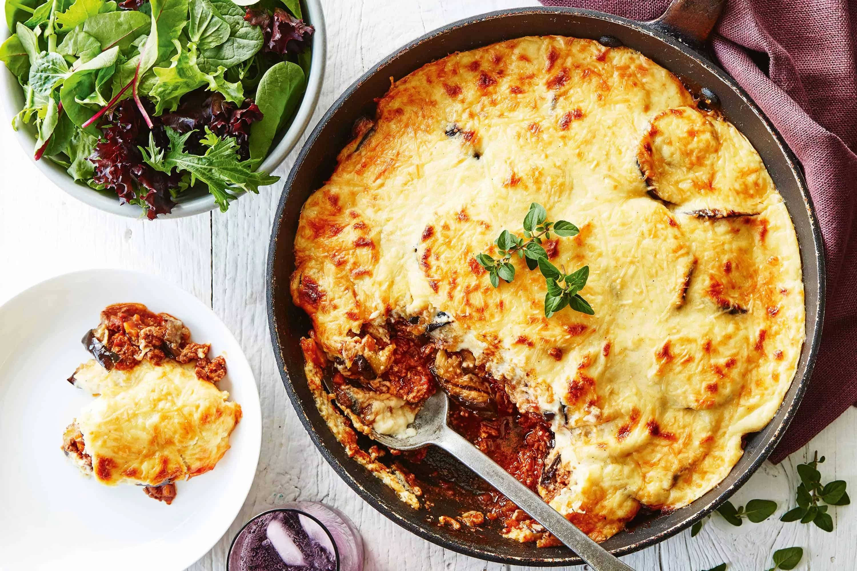 moussaka, golden-brown, cheesy eggplant lasagna, 2K Desktop Wallpaper