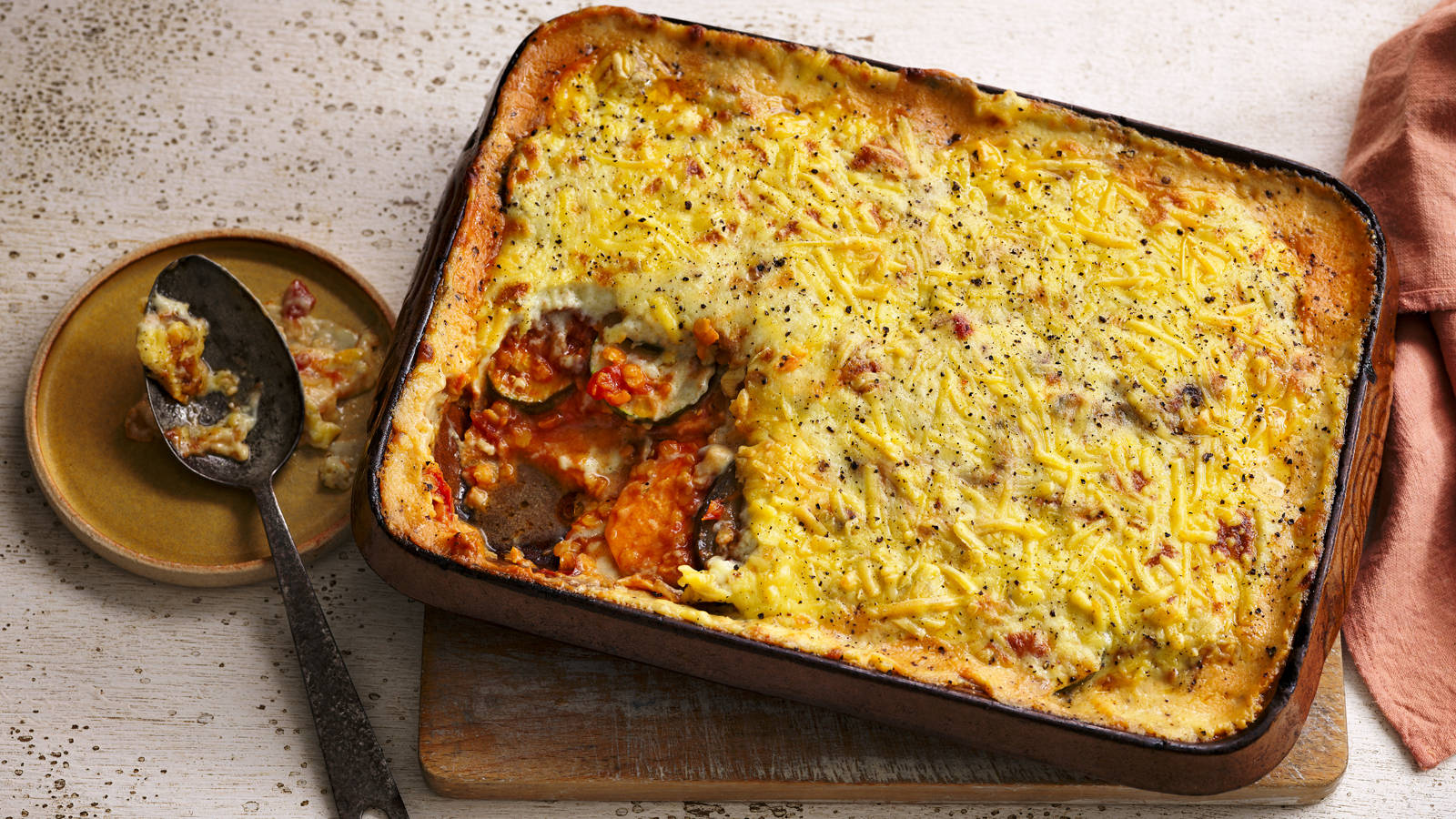 baked moussaka, golden-brown cheesy, wooden board, HD Desktop Wallpaper