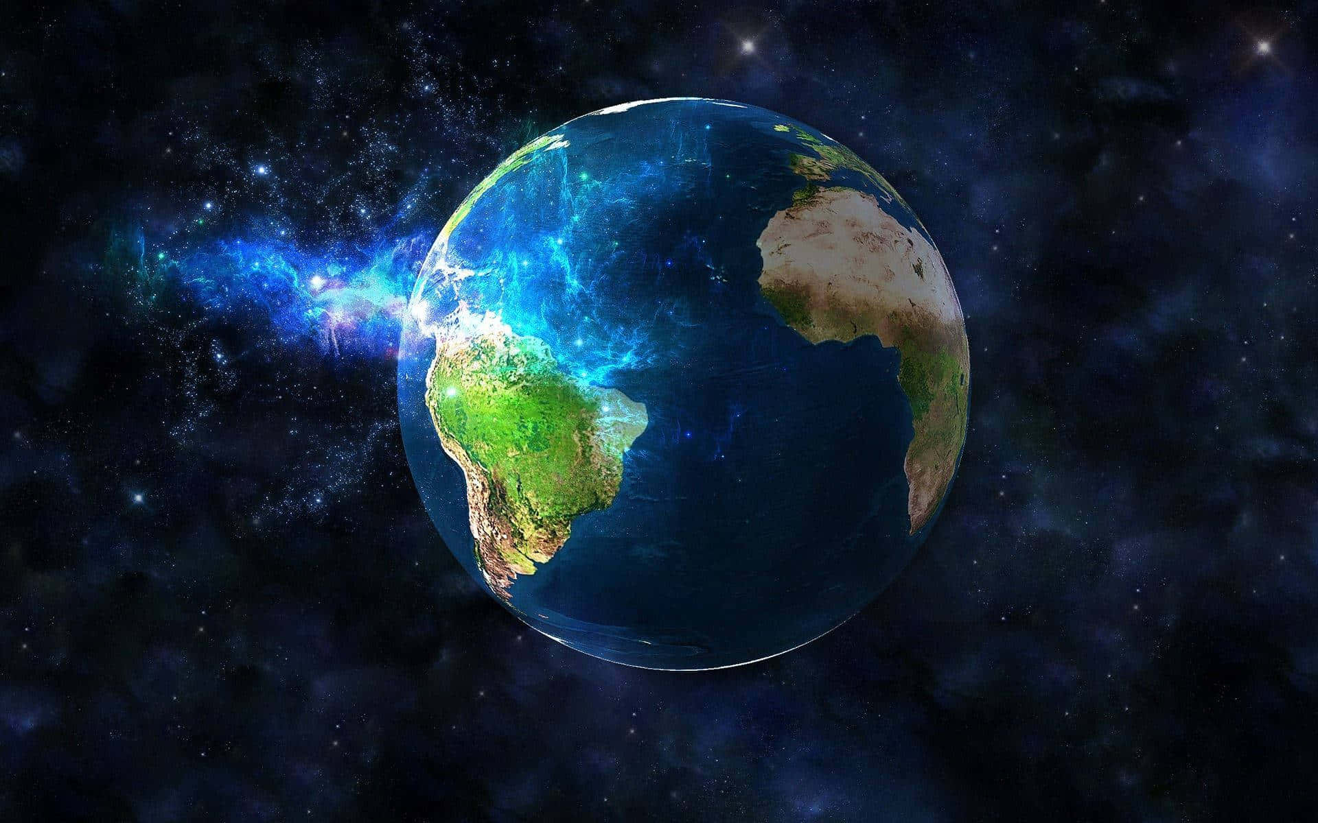 Earth, glowing energy trails, starry cosmic void, Full HD Desktop Wallpaper