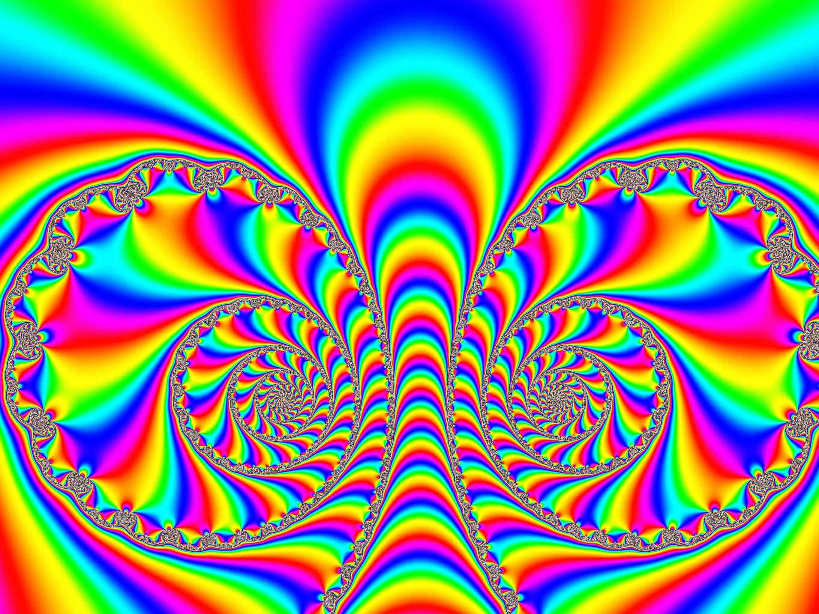 psychedelic fractal spirals, symmetrical burst, rainbow colors, 2K Desktop Wallpaper