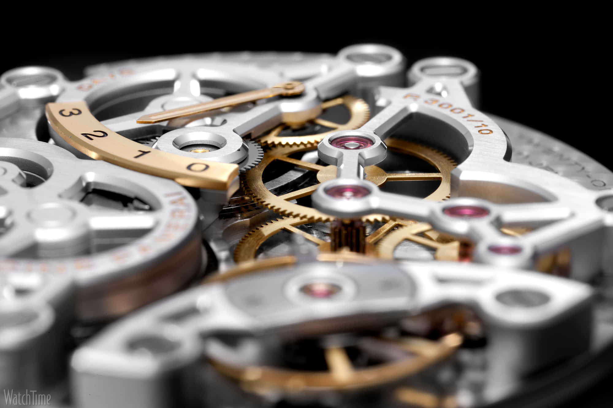luxury watch movement, gleaming silver and gold gears, black background, Full HD Desktop Wallpaper