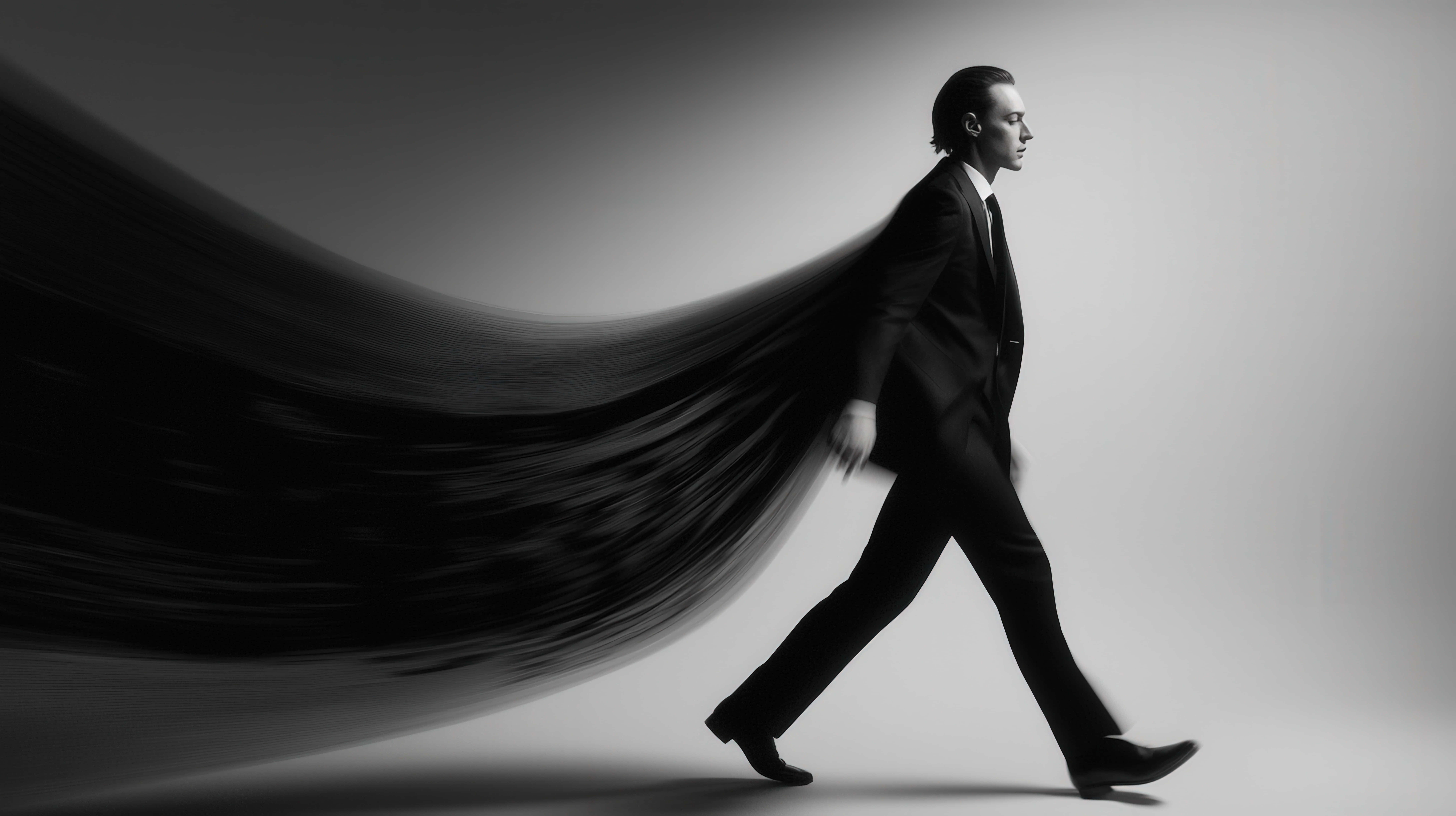 man in a sharp black suit, flowing black fabric, minimalist gray backdrop, 8K Desktop Wallpaper