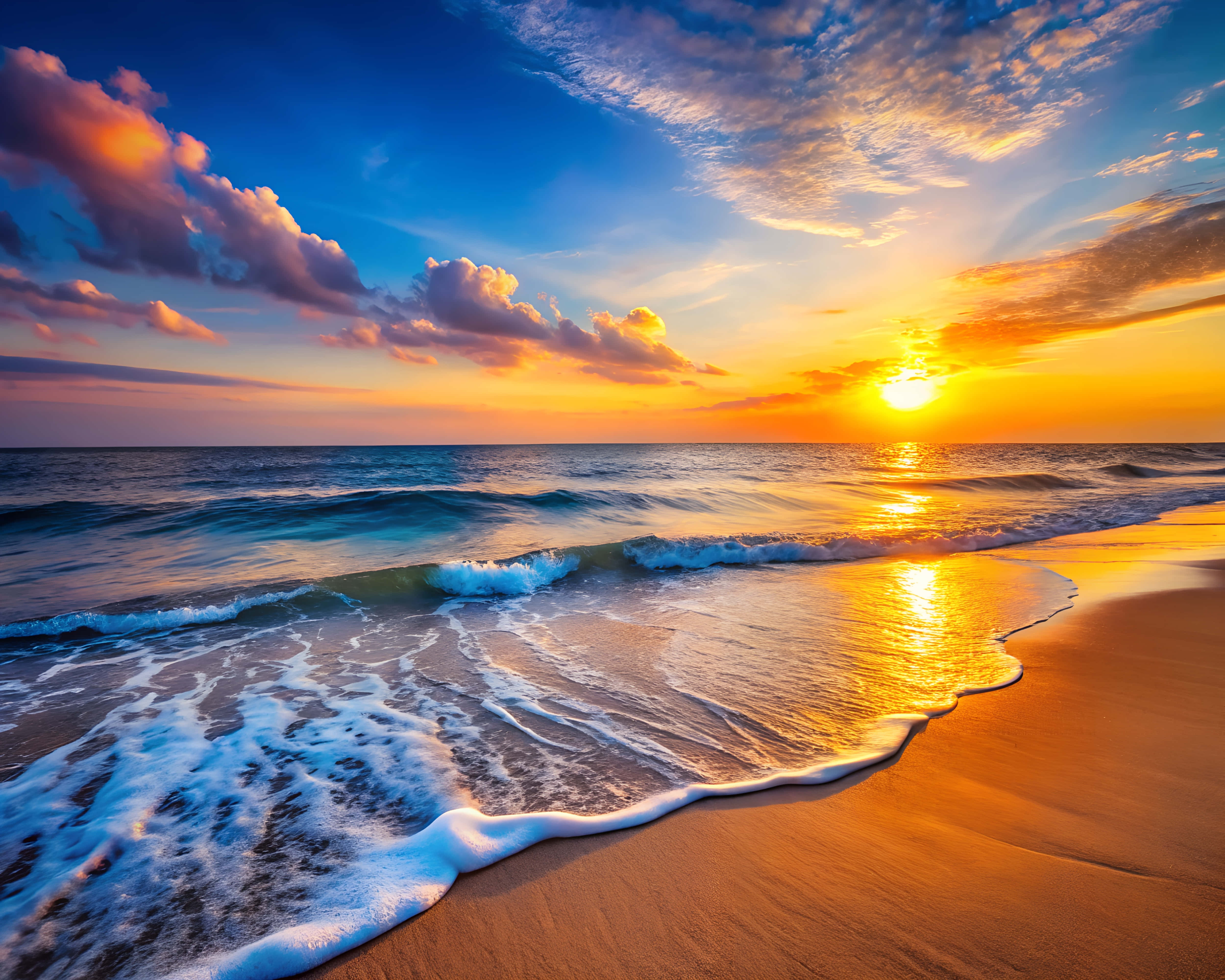 sunset, orange clouds, turquoise ocean, 4K Desktop Wallpaper