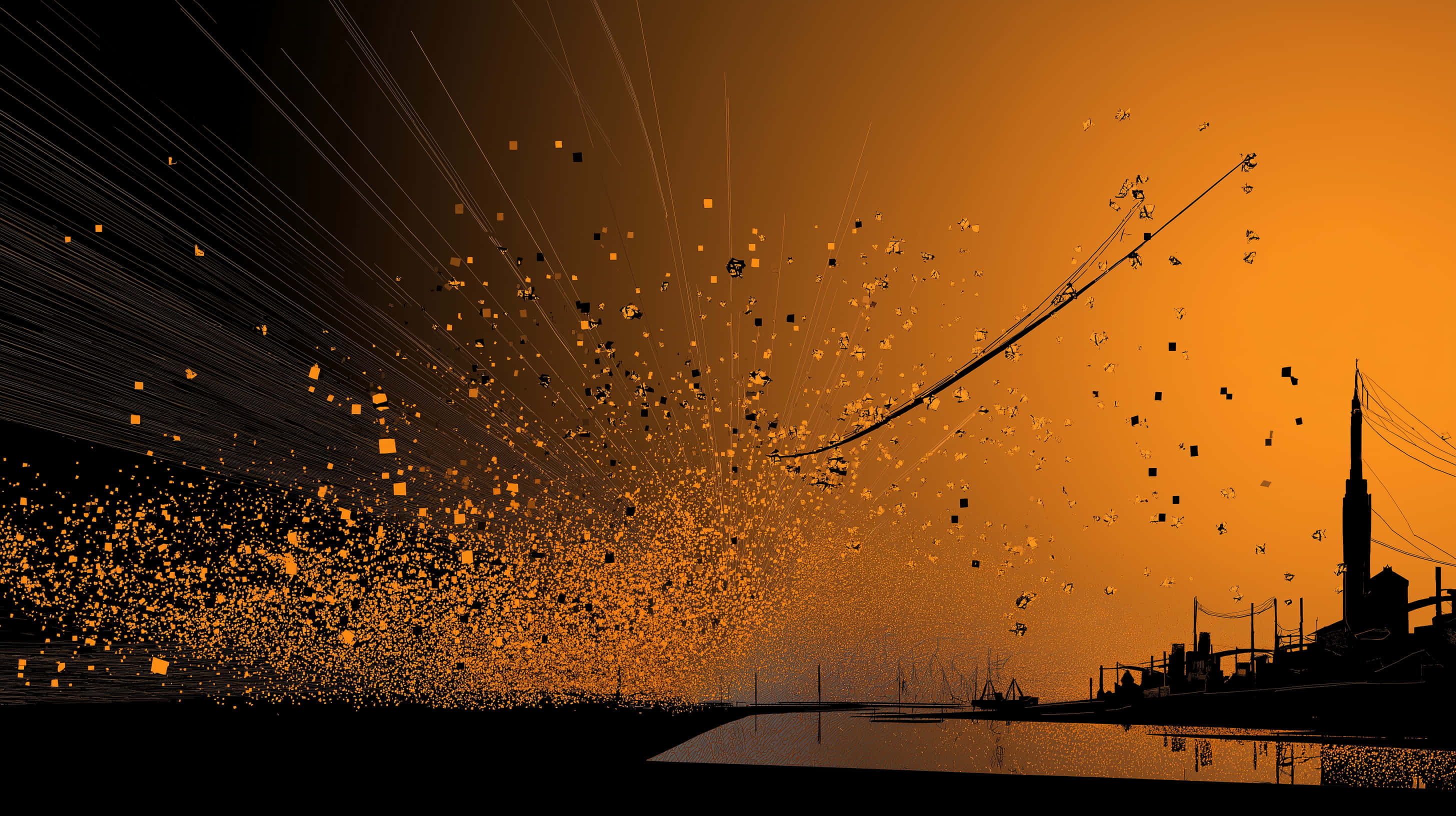 fiery orange sunset, glowing particles, dark industrial waterfront silhouette, 2K Desktop Wallpaper