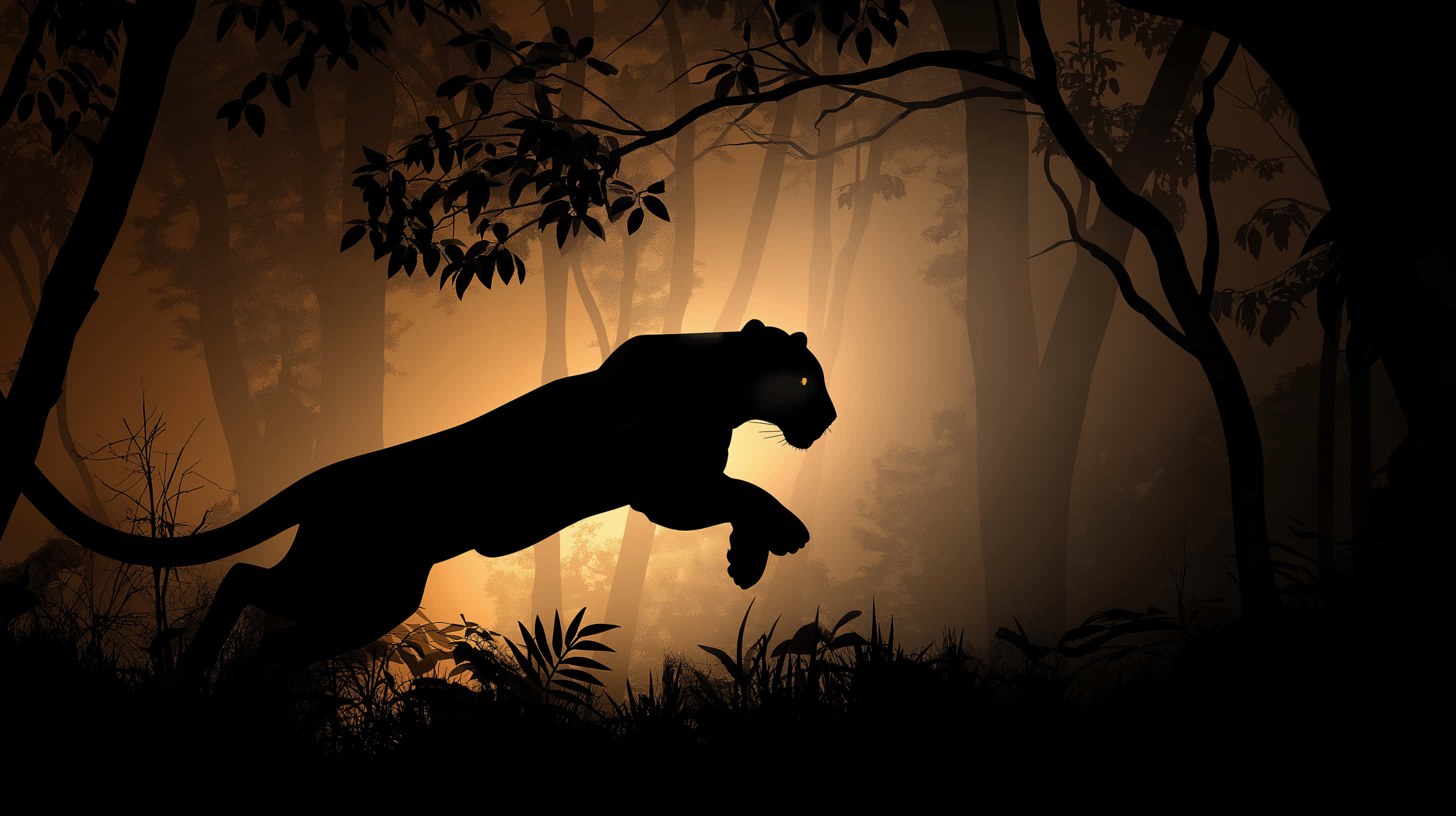 panther, golden hour, misty forest, 2K Desktop Wallpaper
