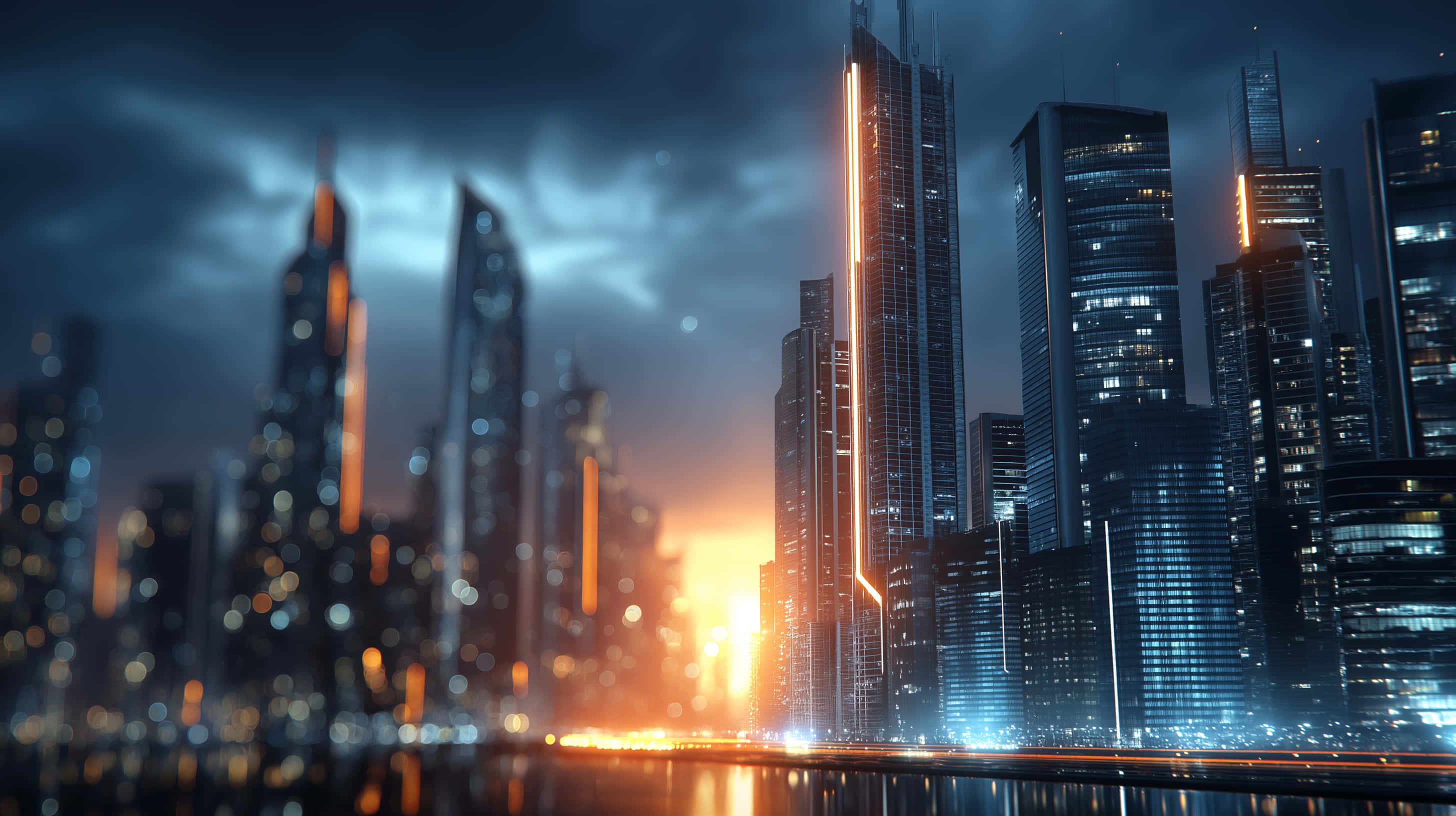 futuristic cityscape, neon lights, twilight sky, 2K Desktop Wallpaper