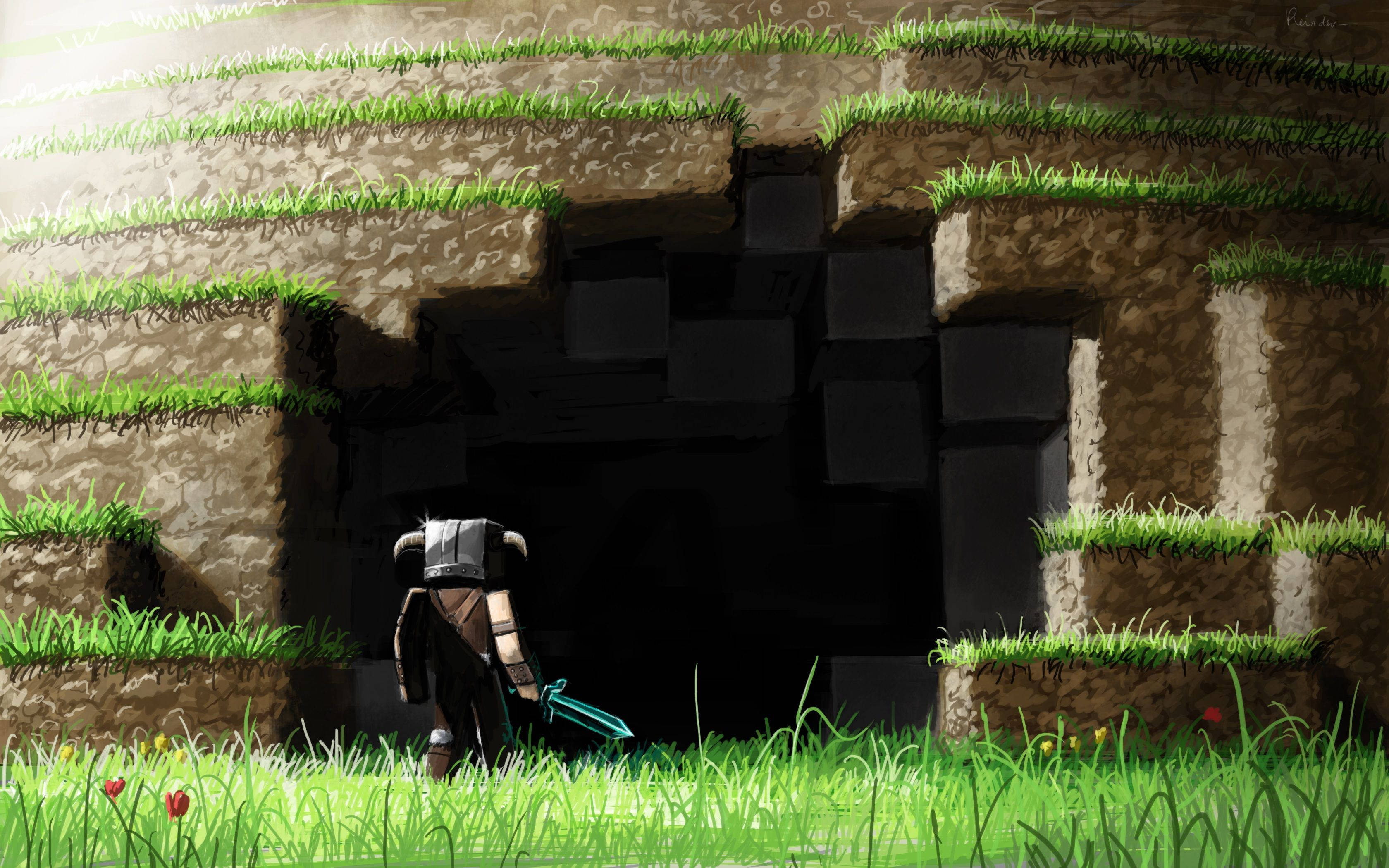 Moving Minecraft, cave, armored warrior, 2K Desktop Wallpaper