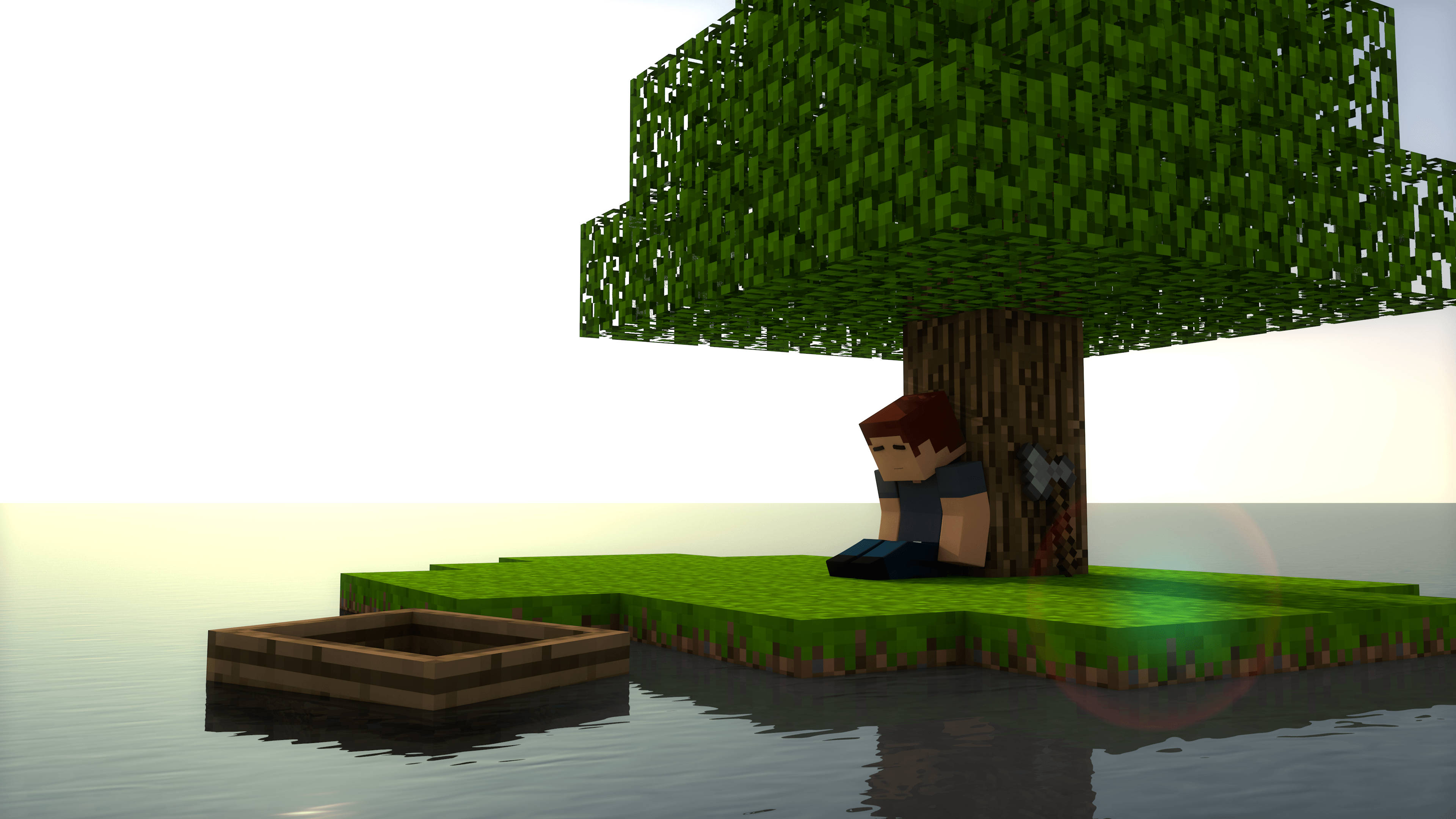 Minecraft, pixelated tree, grassy island, 4K Desktop Wallpaper