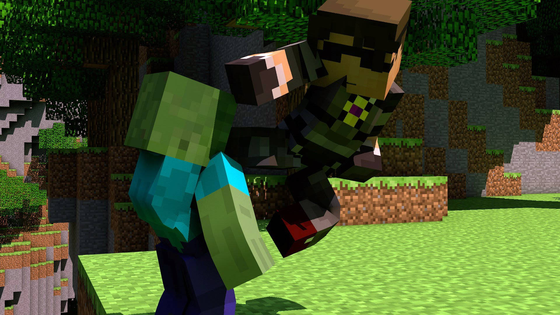 Moving Minecraft, Minecraft characters, pixelated block style, Full HD Desktop Wallpaper