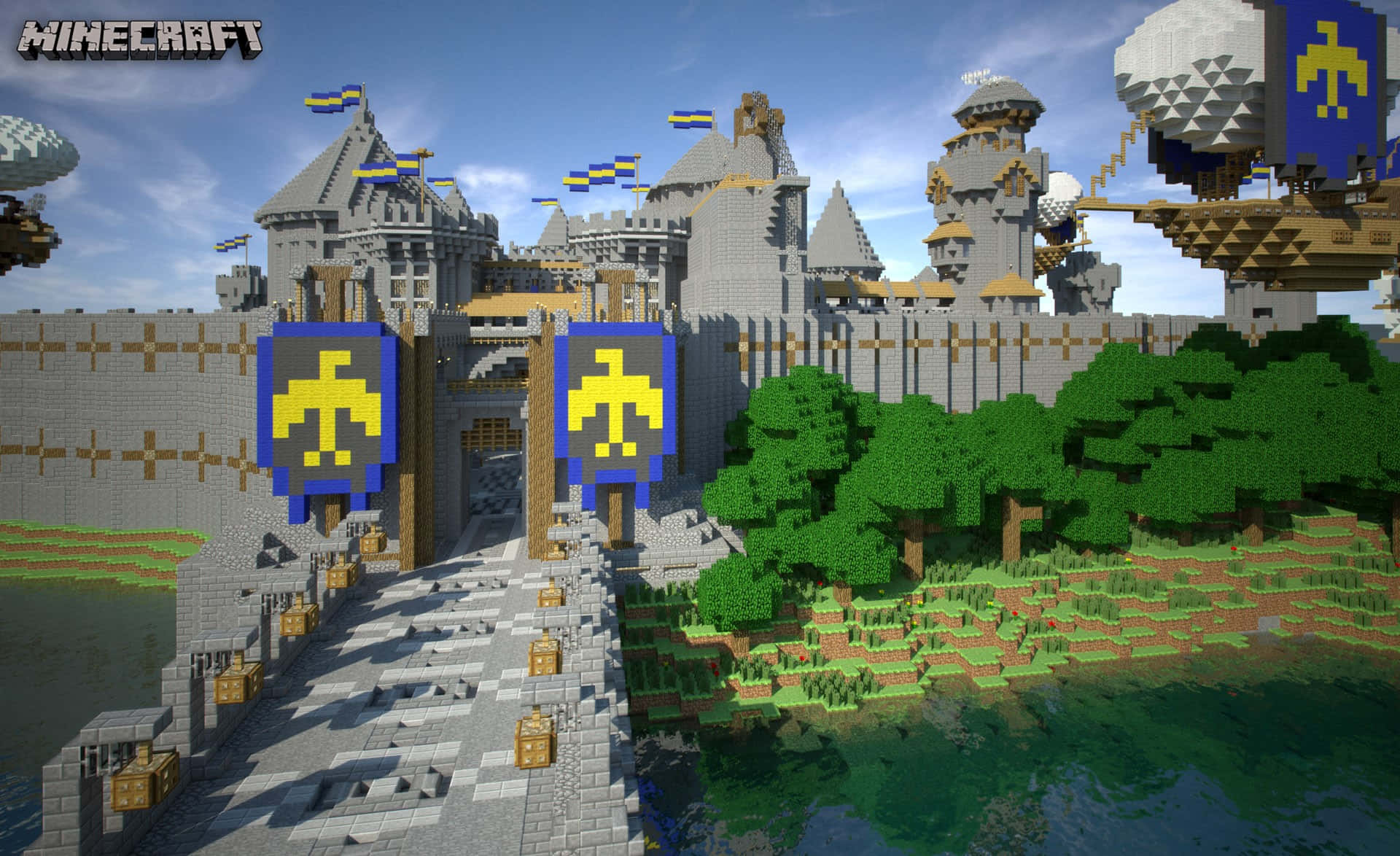 Minecraft, gray stone towers, blue banners, Full HD Desktop Wallpaper