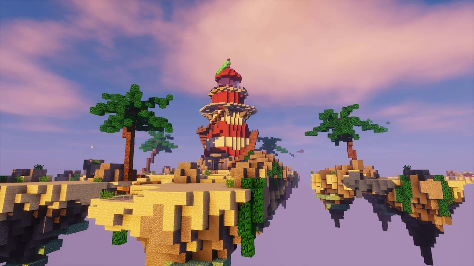 Minecraft, pixelated lighthouse, floating island, Full HD Desktop Wallpaper