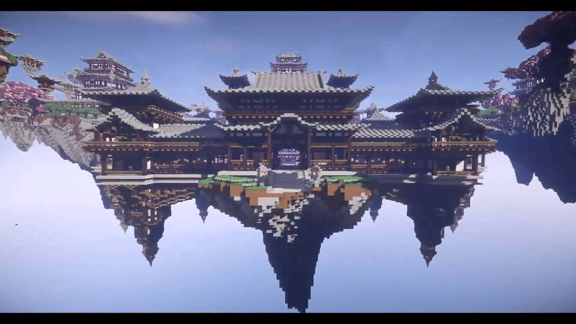 Minecraft, floating Chinese temple complex, calm water, Full HD Desktop Wallpaper