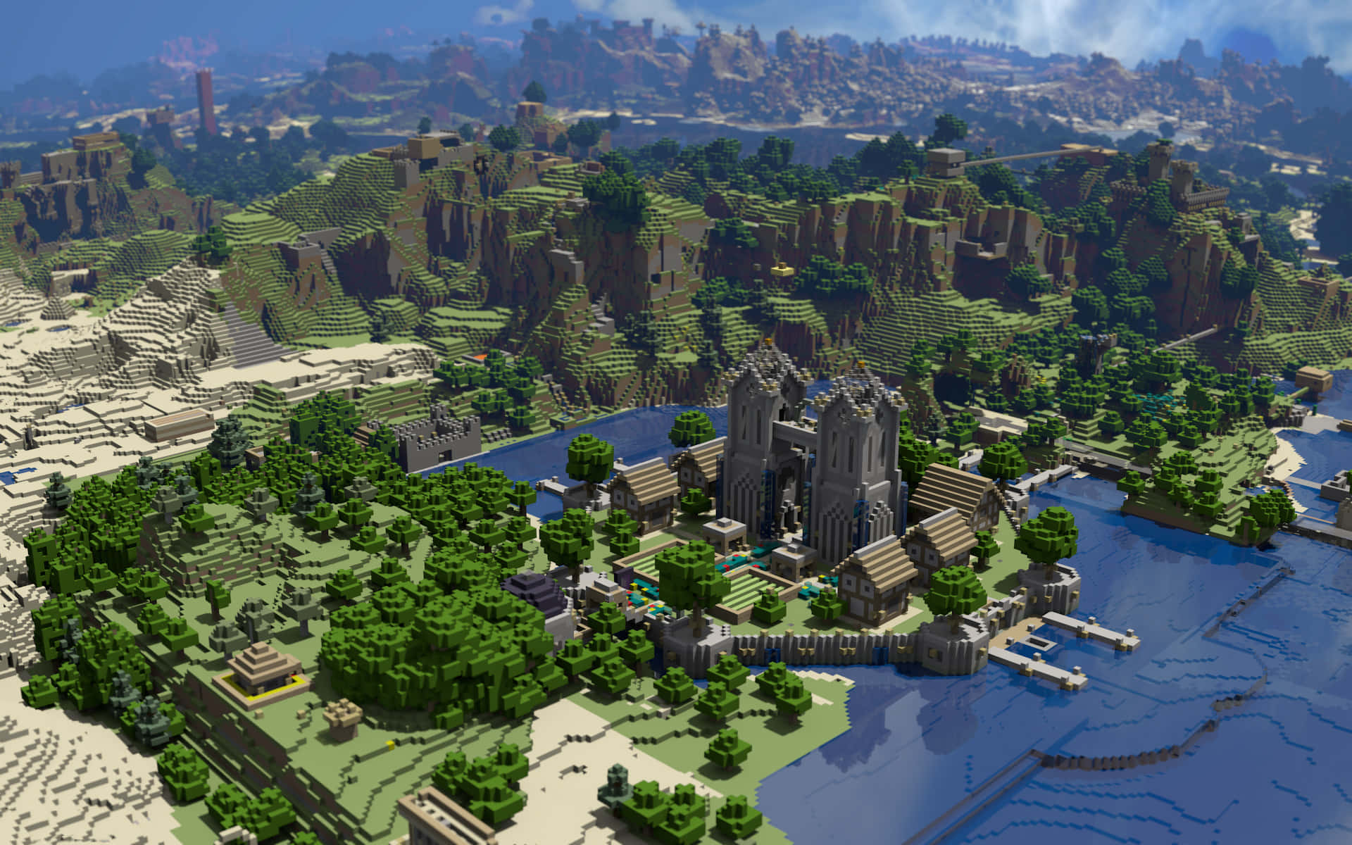 Minecraft, Minecraft castle town, blue river, Full HD Desktop Wallpaper