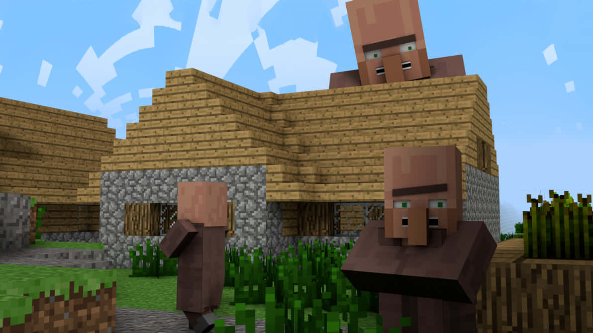 Minecraft, villager, wooden and stone house, SD Desktop Wallpaper