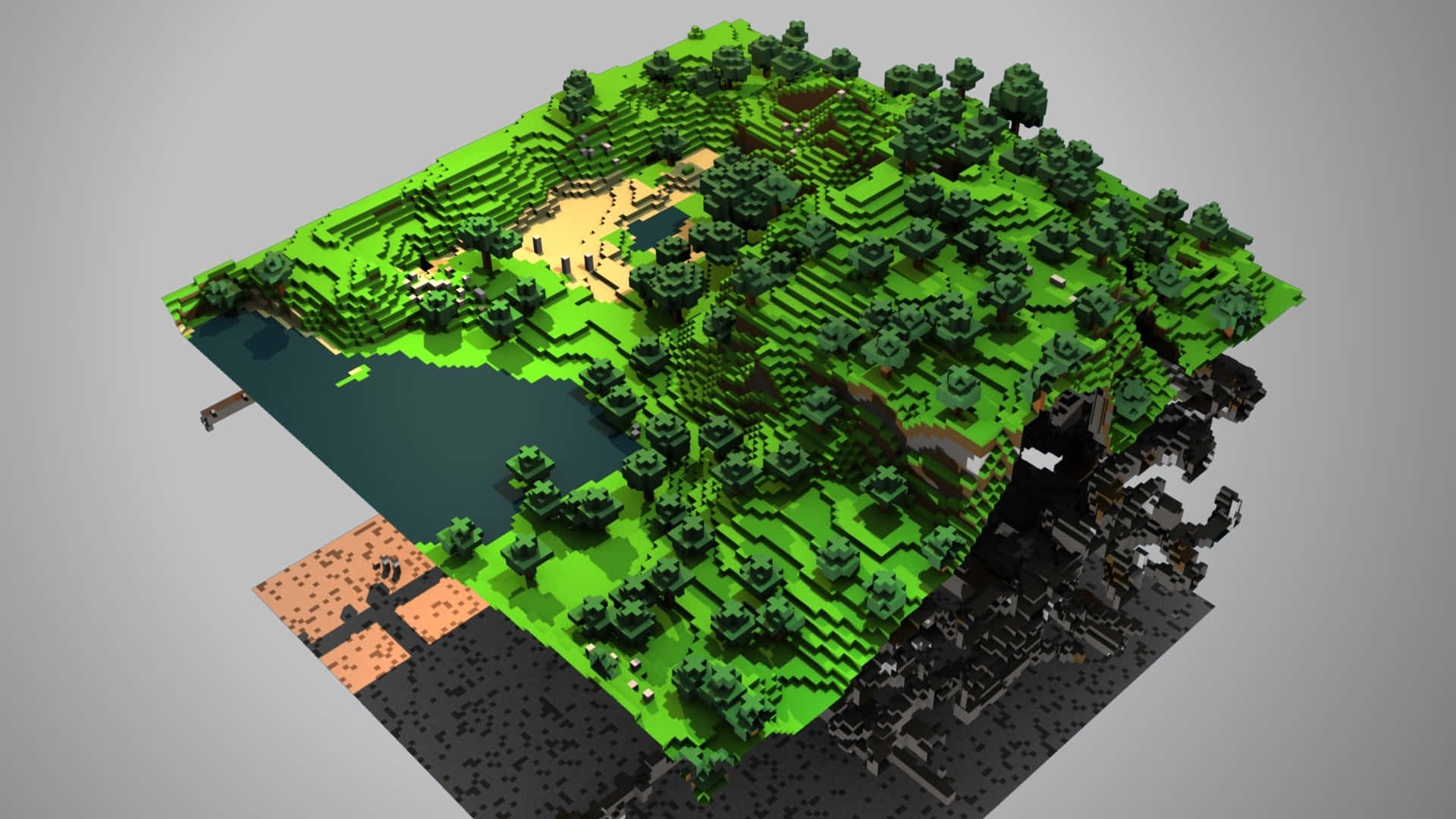 Minecraft, pixelated Minecraft-style island, green forests, Full HD Desktop Wallpaper