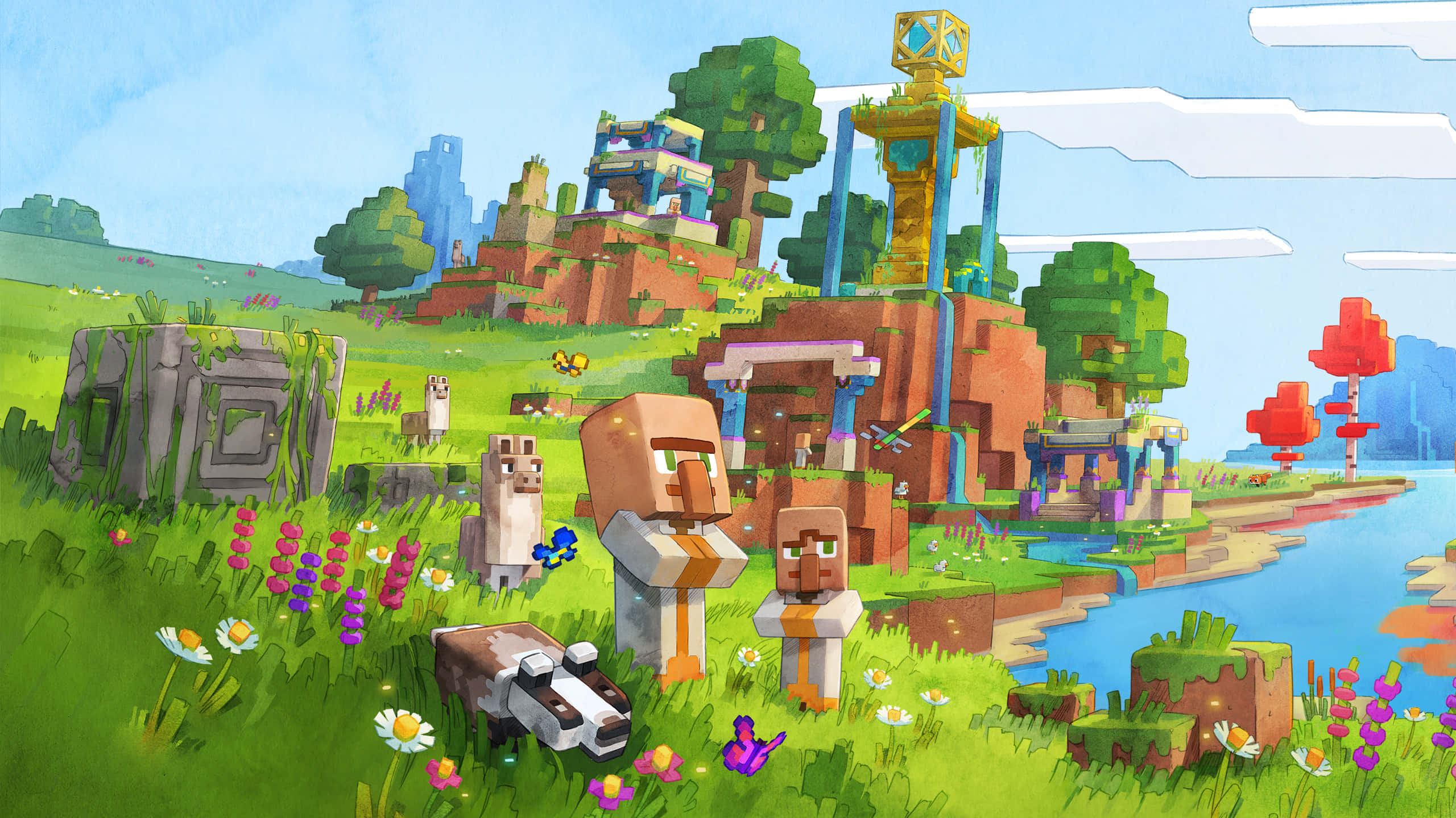 Minecraft, vibrant pixelated meadow, colorful flowers, 2K Desktop Wallpaper
