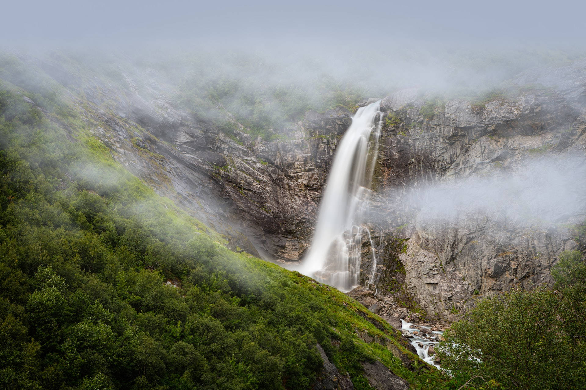 moving water, cliff, misty cliffside, Full HD Desktop Wallpaper