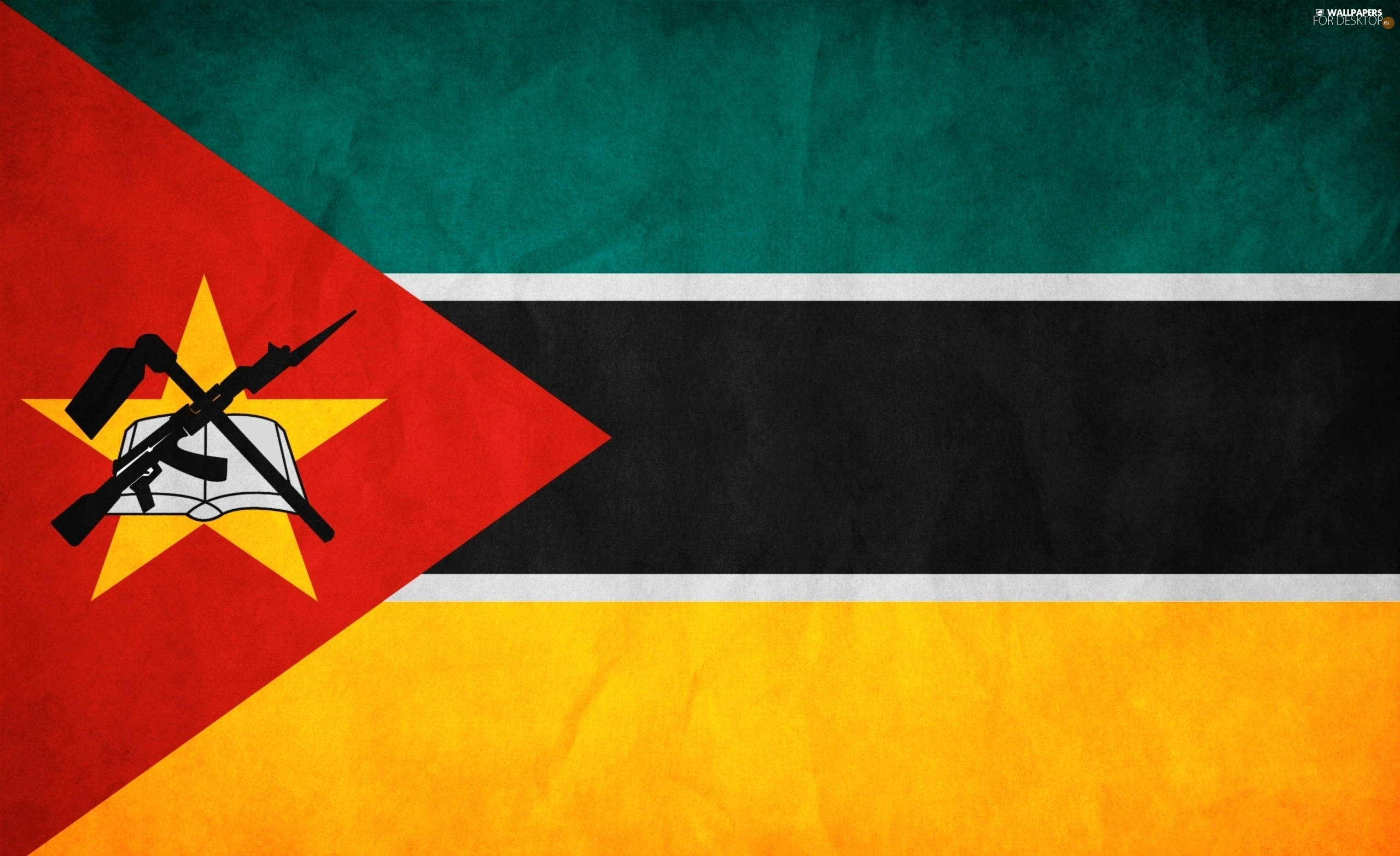Flag Of Mozambique, red green black yellow stripes, crossed rifles over an open book, 2K Desktop Wallpaper