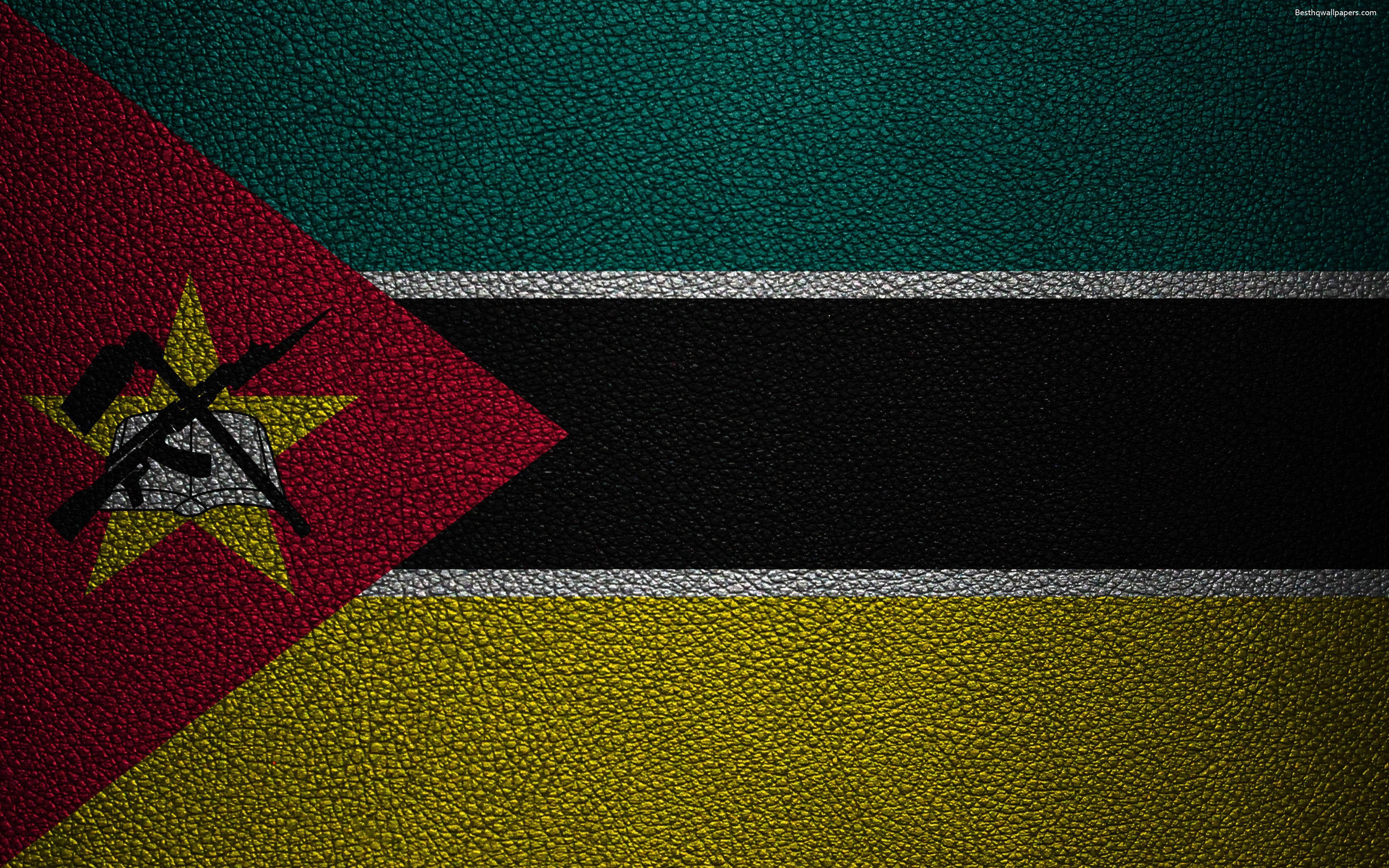 Mozambique flag, textured leather, red yellow green stripes, 4K Desktop Wallpaper