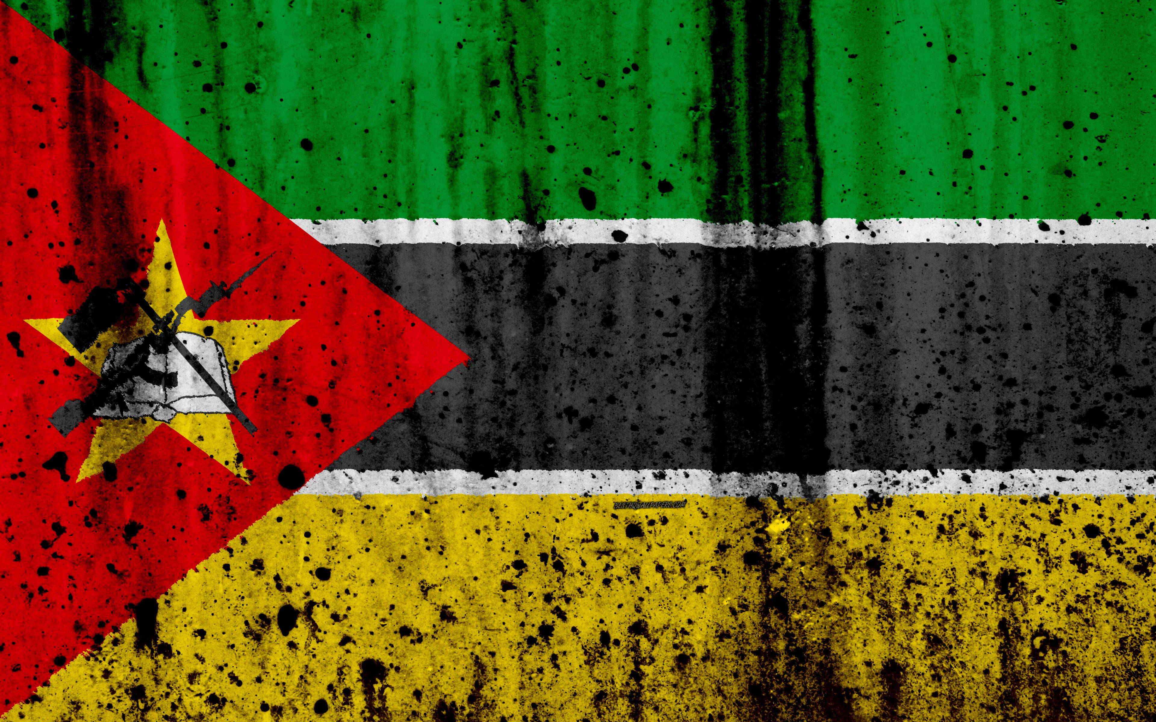 Mozambique flag, splattered black paint, textured fabric, 4K Desktop Wallpaper