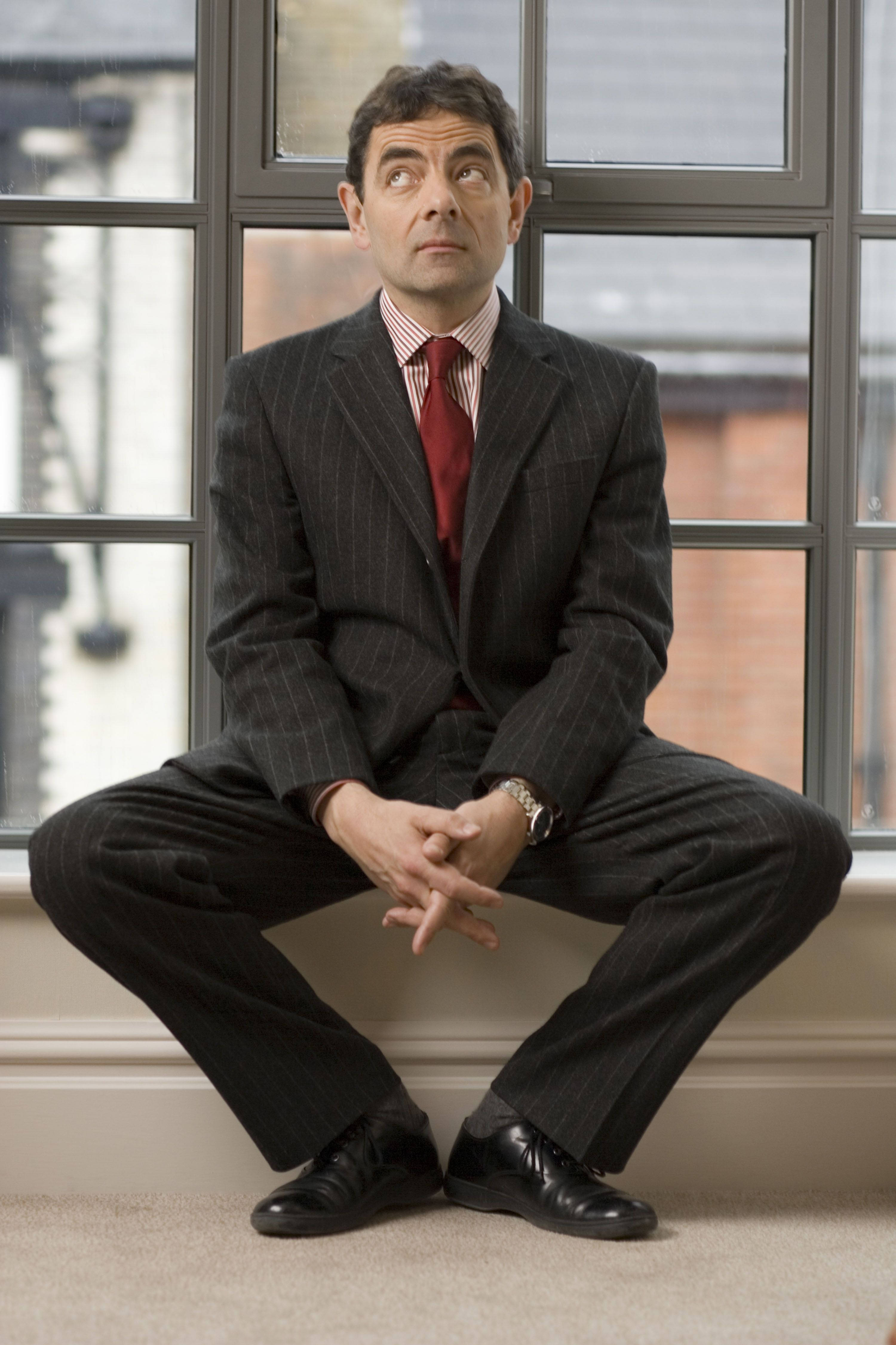 Mr Bean, pinstripe suit, windowsill, 4K Phone Wallpaper