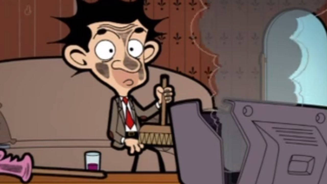 Mr Bean, cartoon character, broomstick, HD Desktop Wallpaper