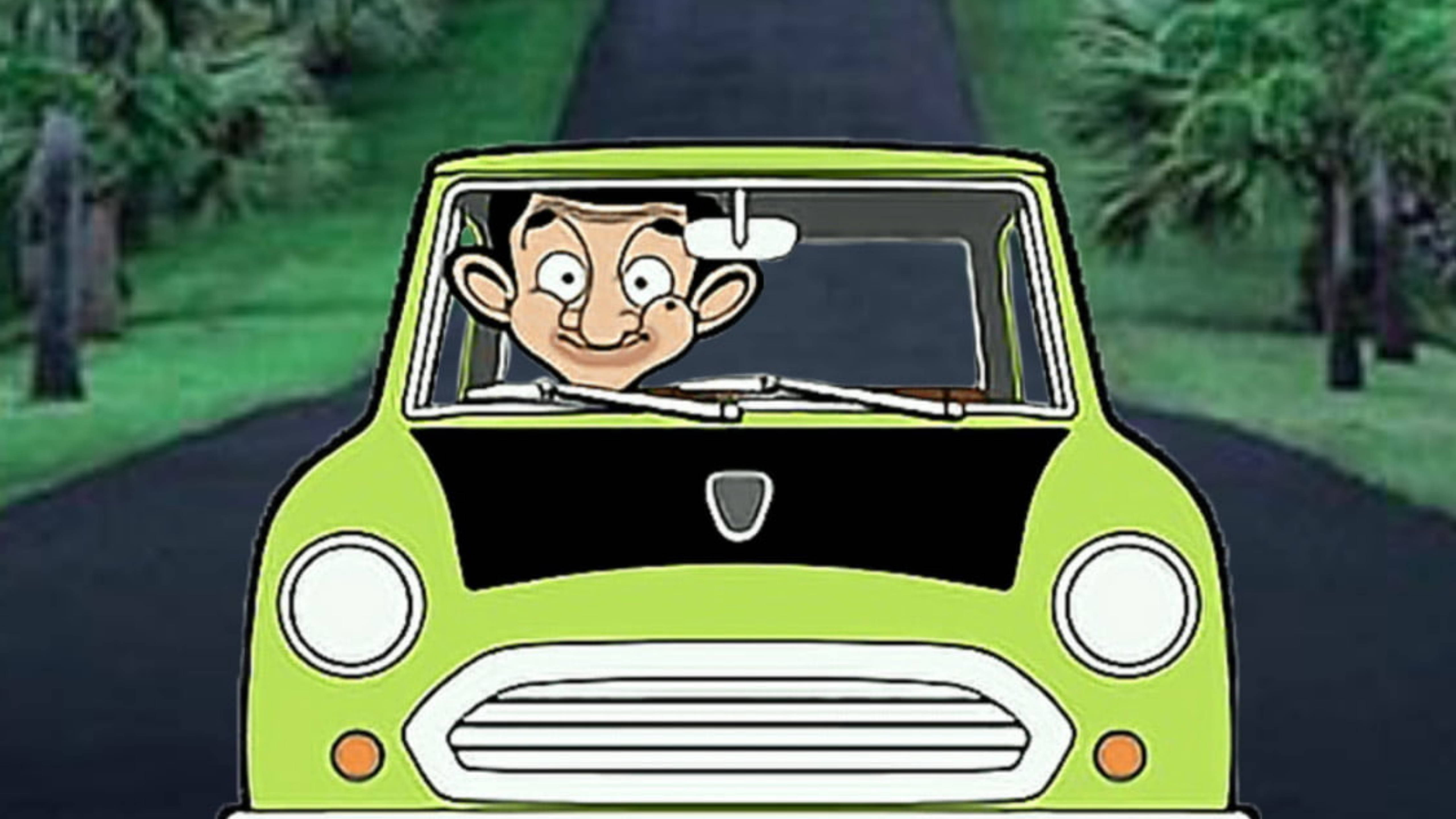 Mr Bean, lime green Mini Cooper, tree-lined road, 5K Desktop Wallpaper