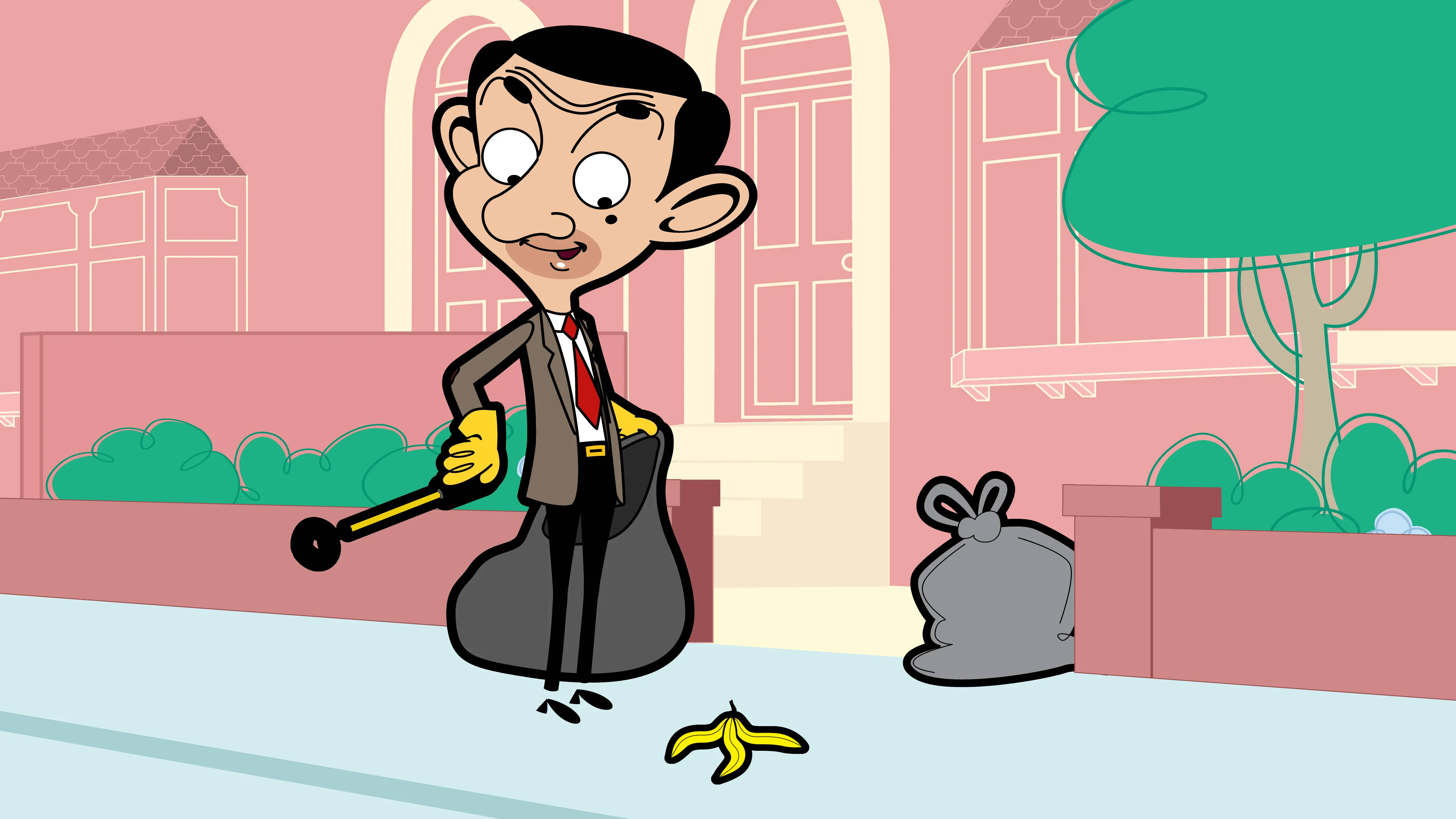 Mr Bean, banana peel, sidewalk, 4K Desktop Wallpaper