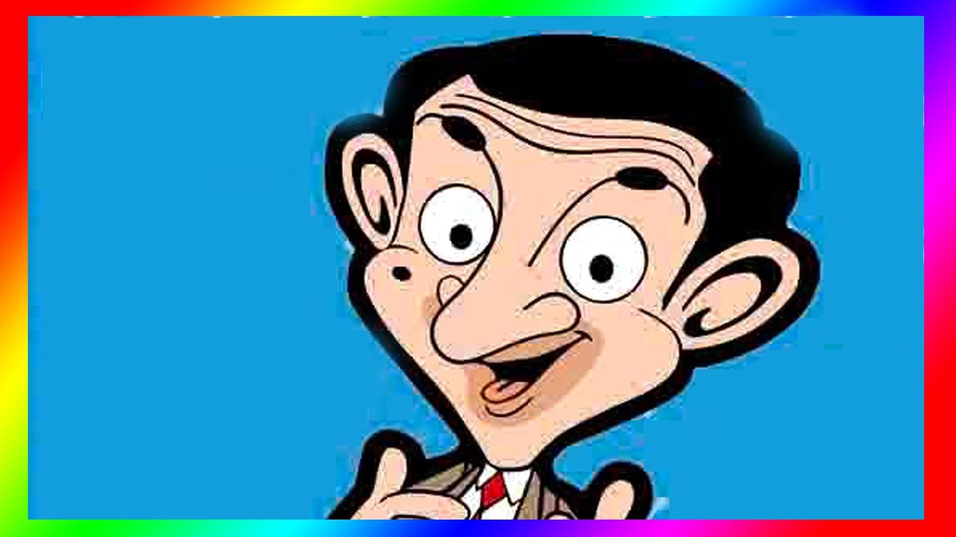 Mr Bean, vibrant rainbow border, blue background, Full HD Desktop Wallpaper
