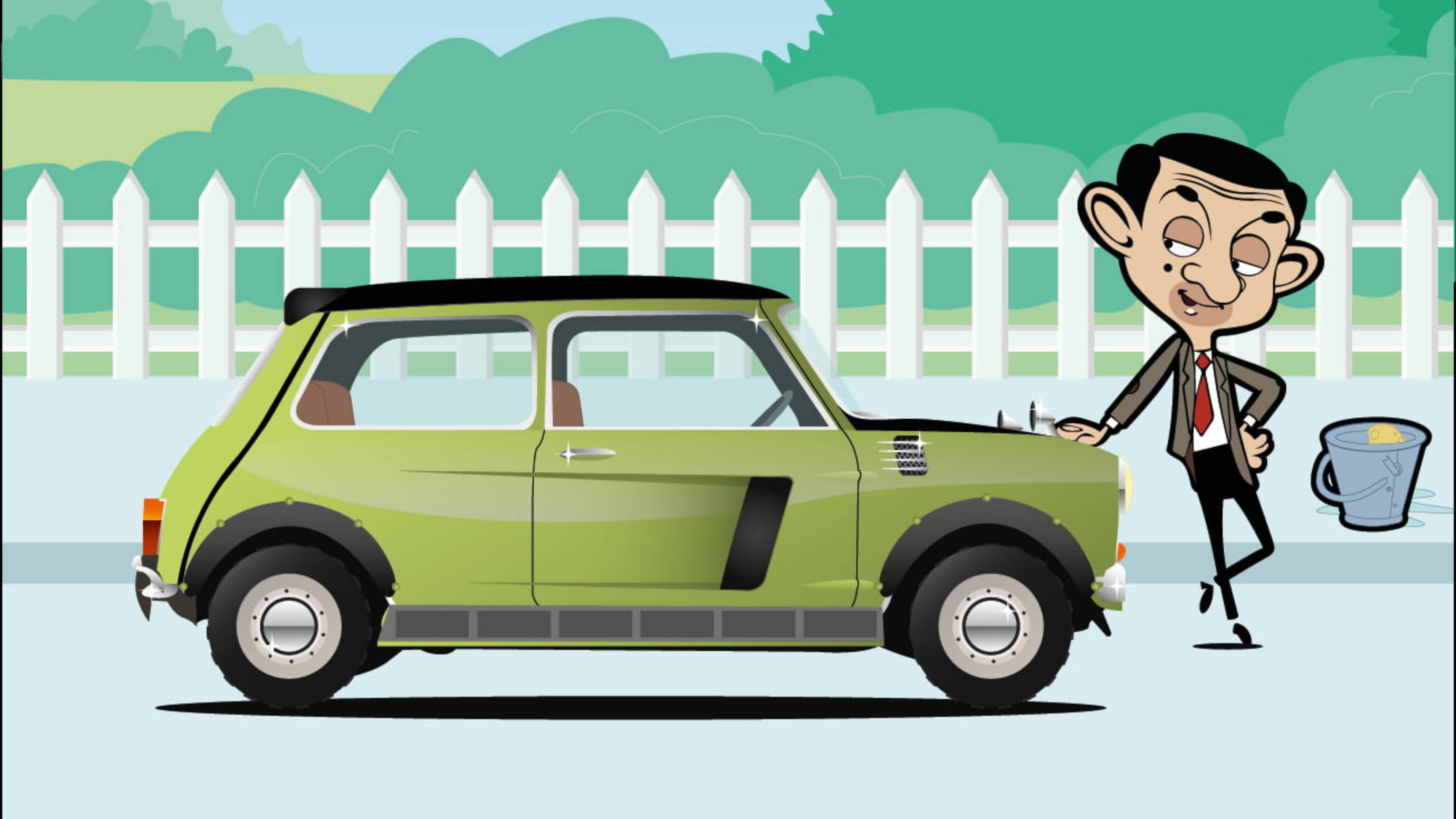 Mr Bean, lime green Mini Cooper, white fence, 5K Desktop Wallpaper