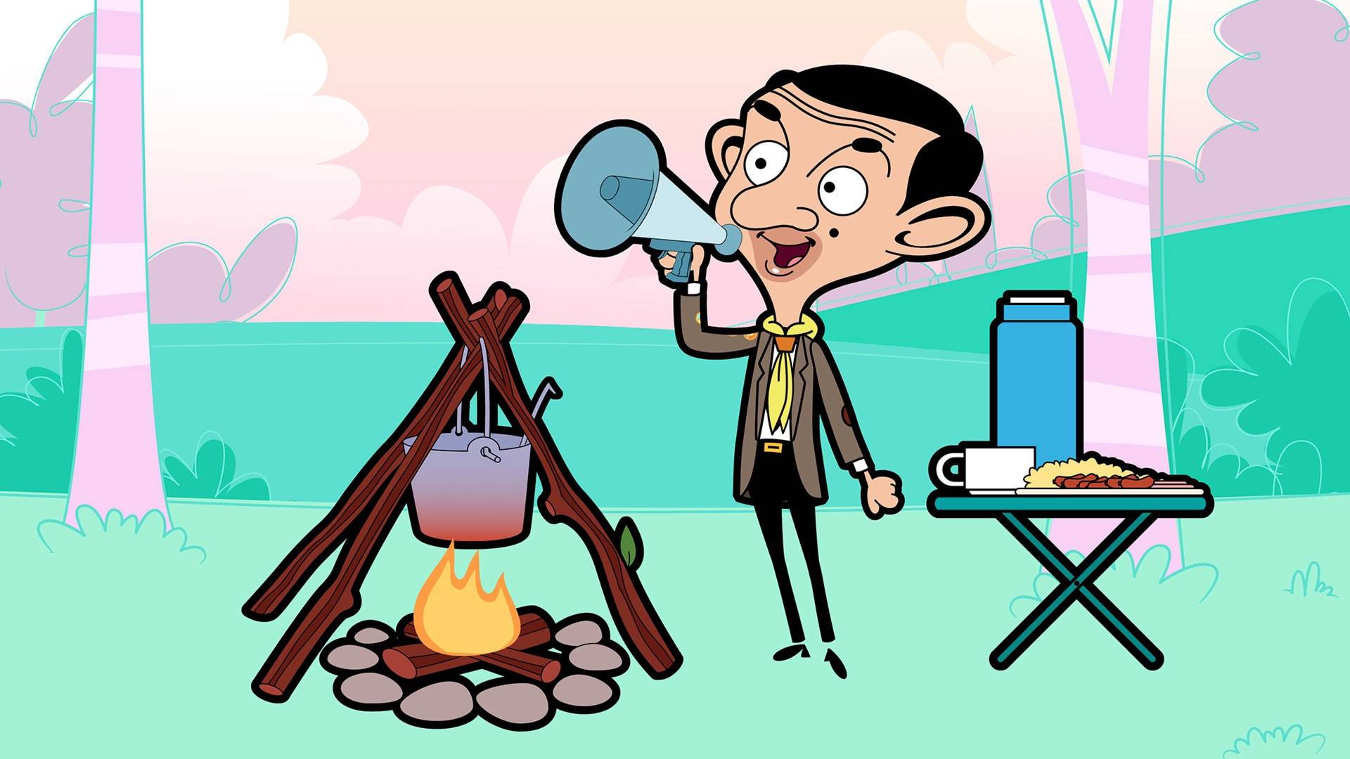 Mr Bean, campfire, megaphone, Full HD Desktop Wallpaper
