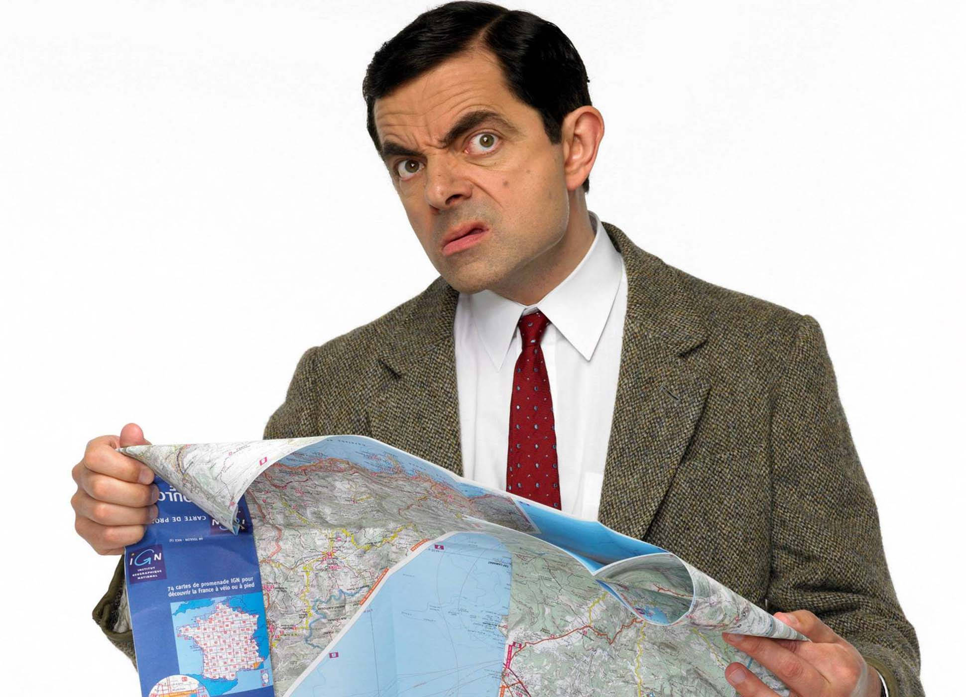 Mr Bean, crumpled map, comically bewildered expression, Full HD Desktop Wallpaper