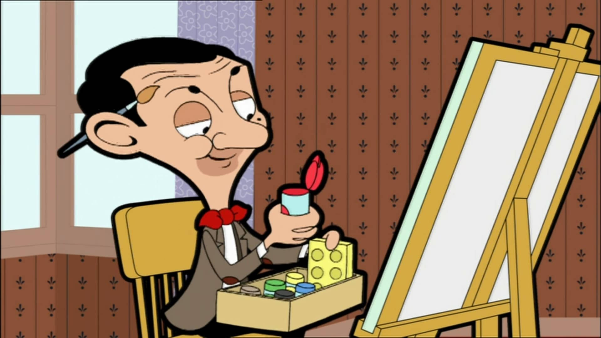 Mr Bean, easel, paintbrush, Full HD Desktop Wallpaper
