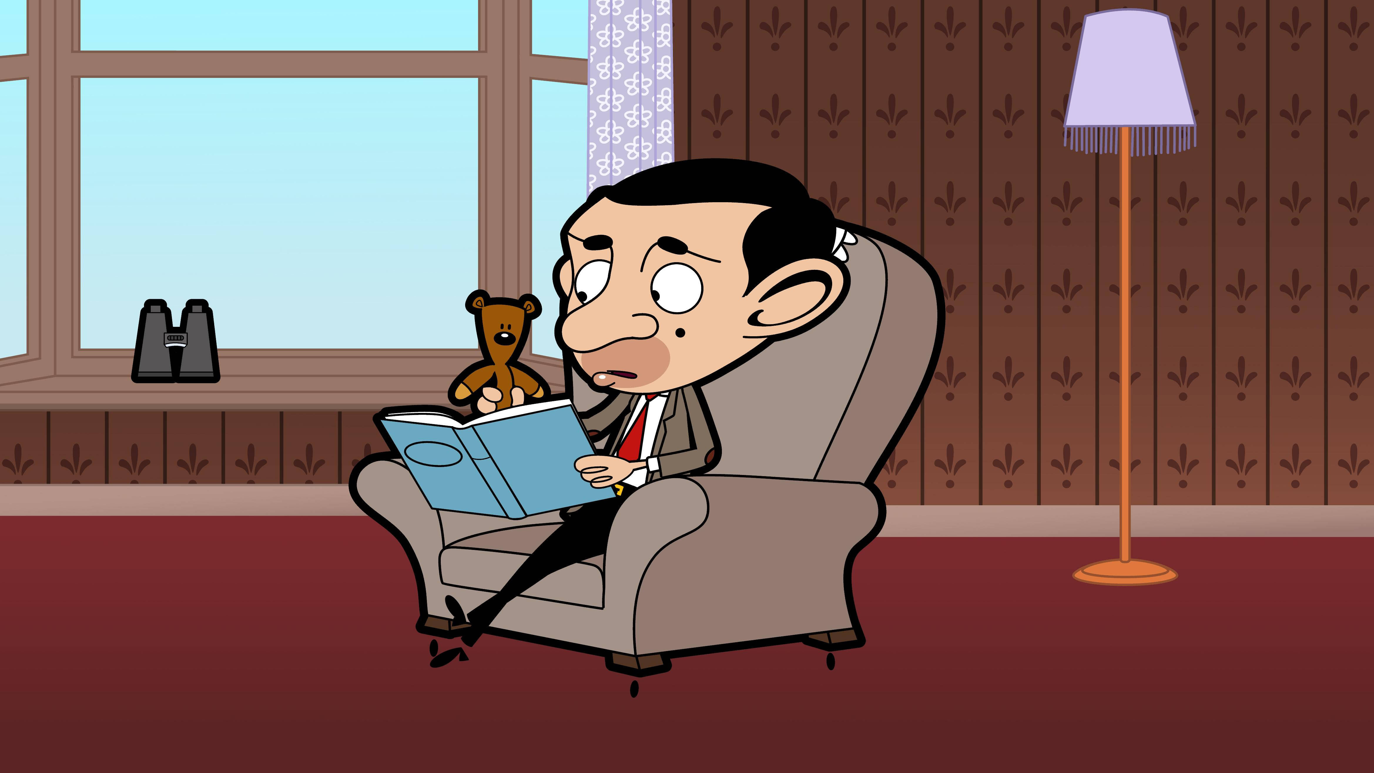 Mr Bean, brown armchair, blue book, 4K Desktop Wallpaper