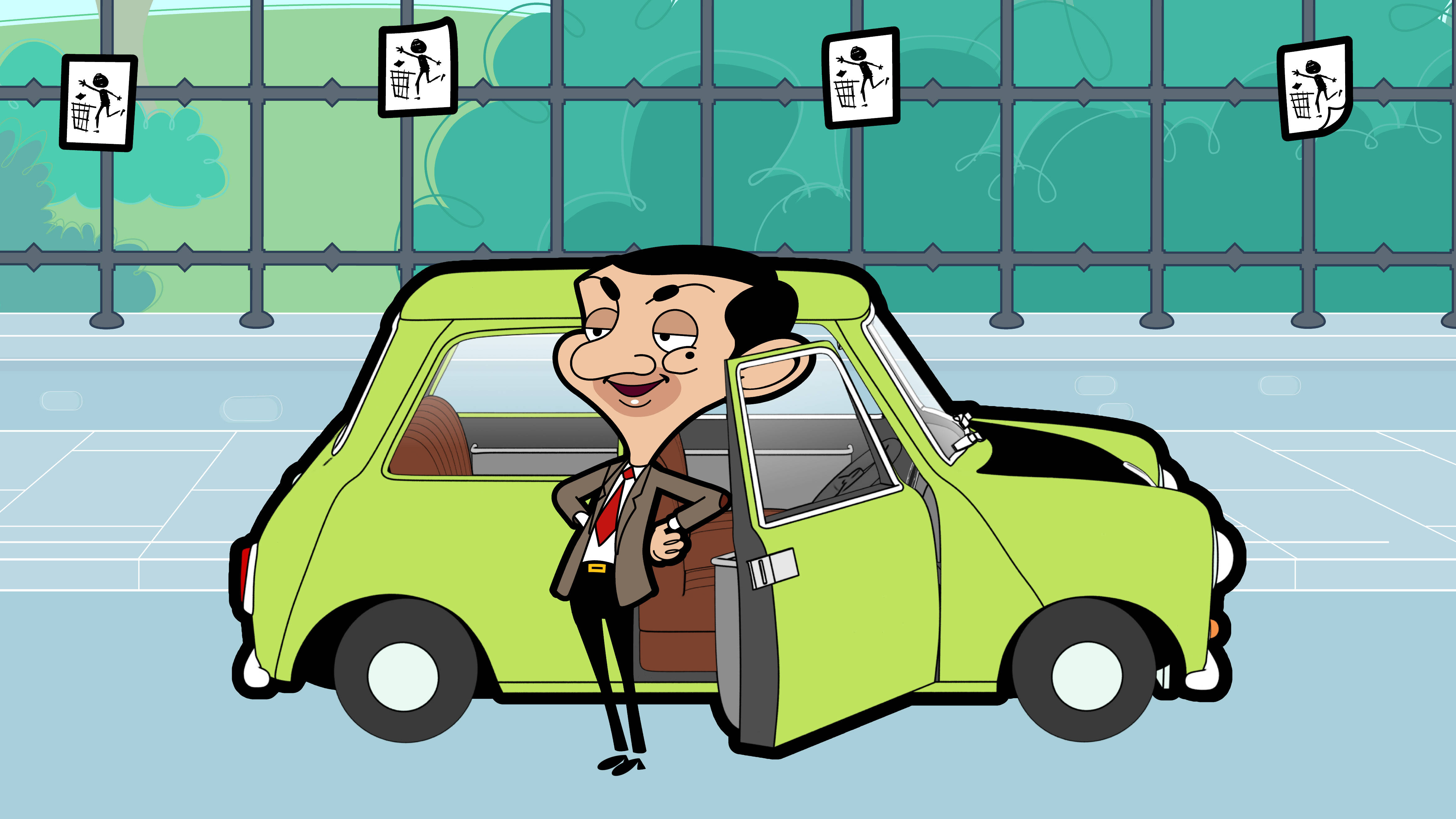 Mr Bean, lime green car, cartoon illustration, 4K Desktop Wallpaper