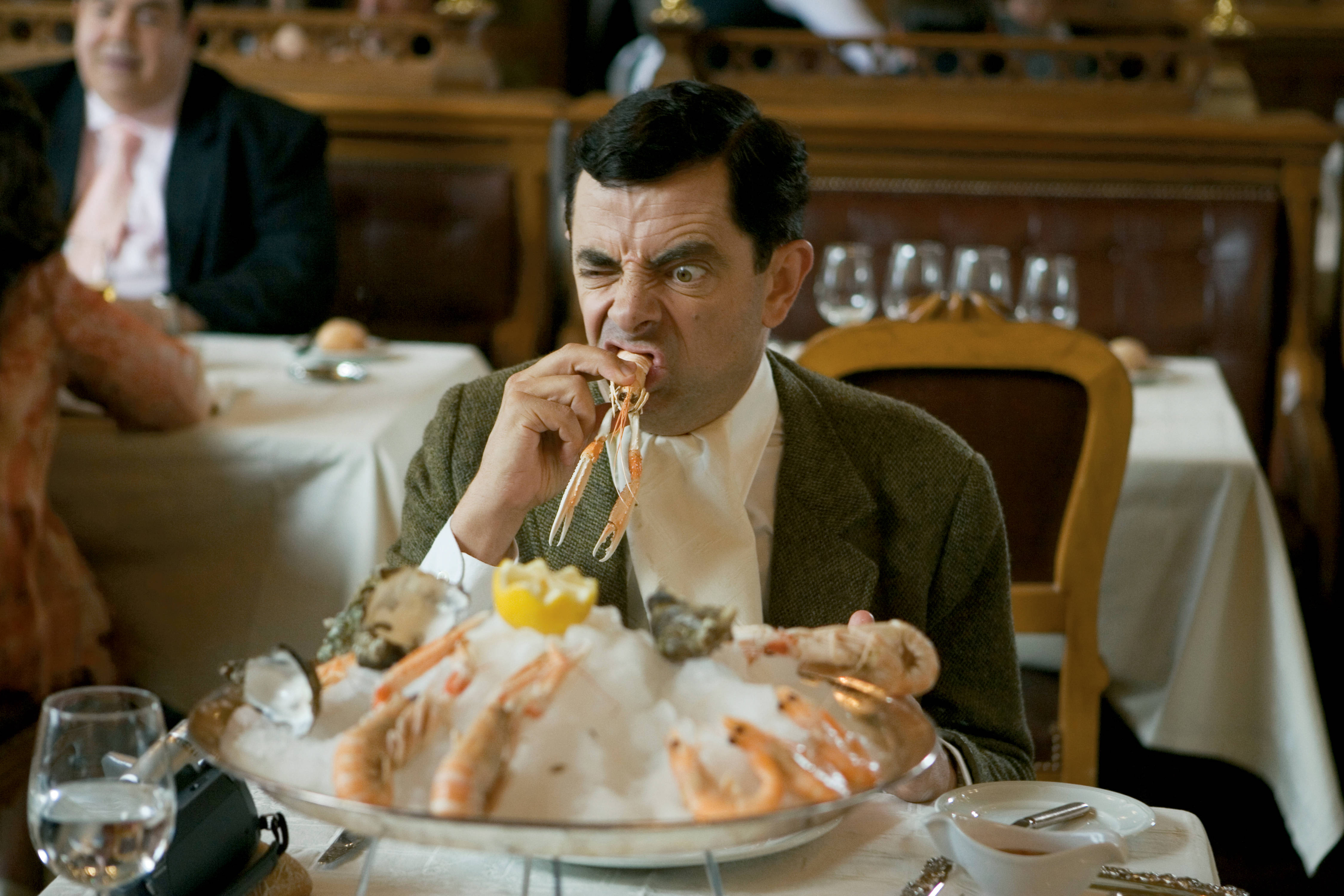 Mr Bean, lobster, upscale restaurant table, 4K Desktop Wallpaper