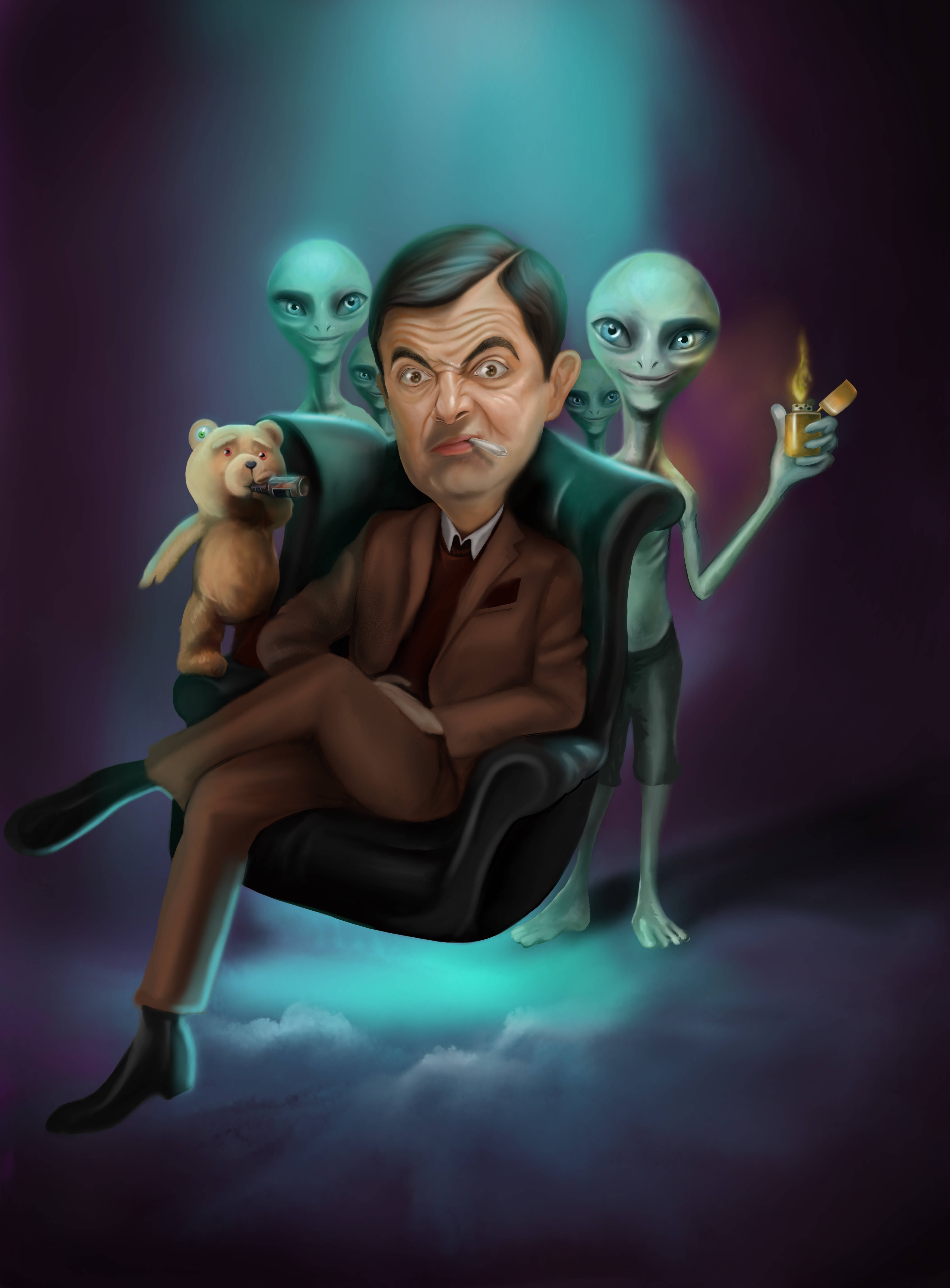 Mr Bean, green aliens, lighter, 5K Phone Wallpaper
