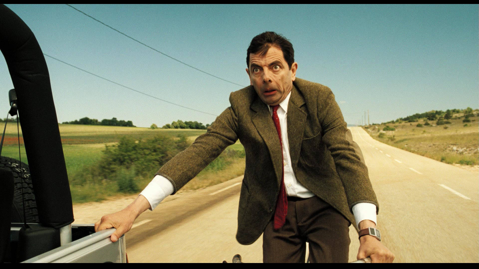 Mr Bean, brown suit, broken-down car, Full HD Desktop Wallpaper