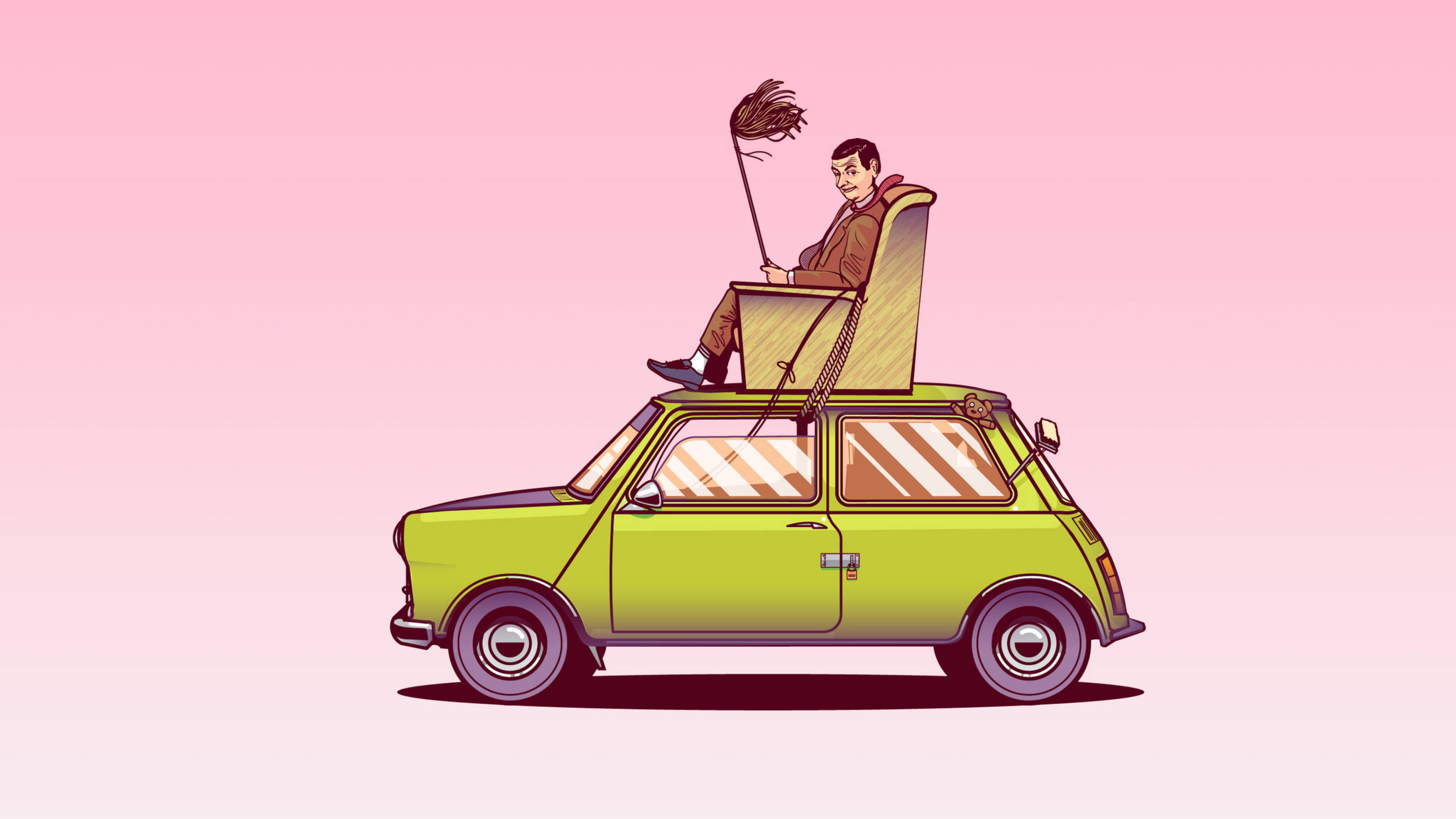 Mr Bean, lime green car, feather duster, 5K Desktop Wallpaper